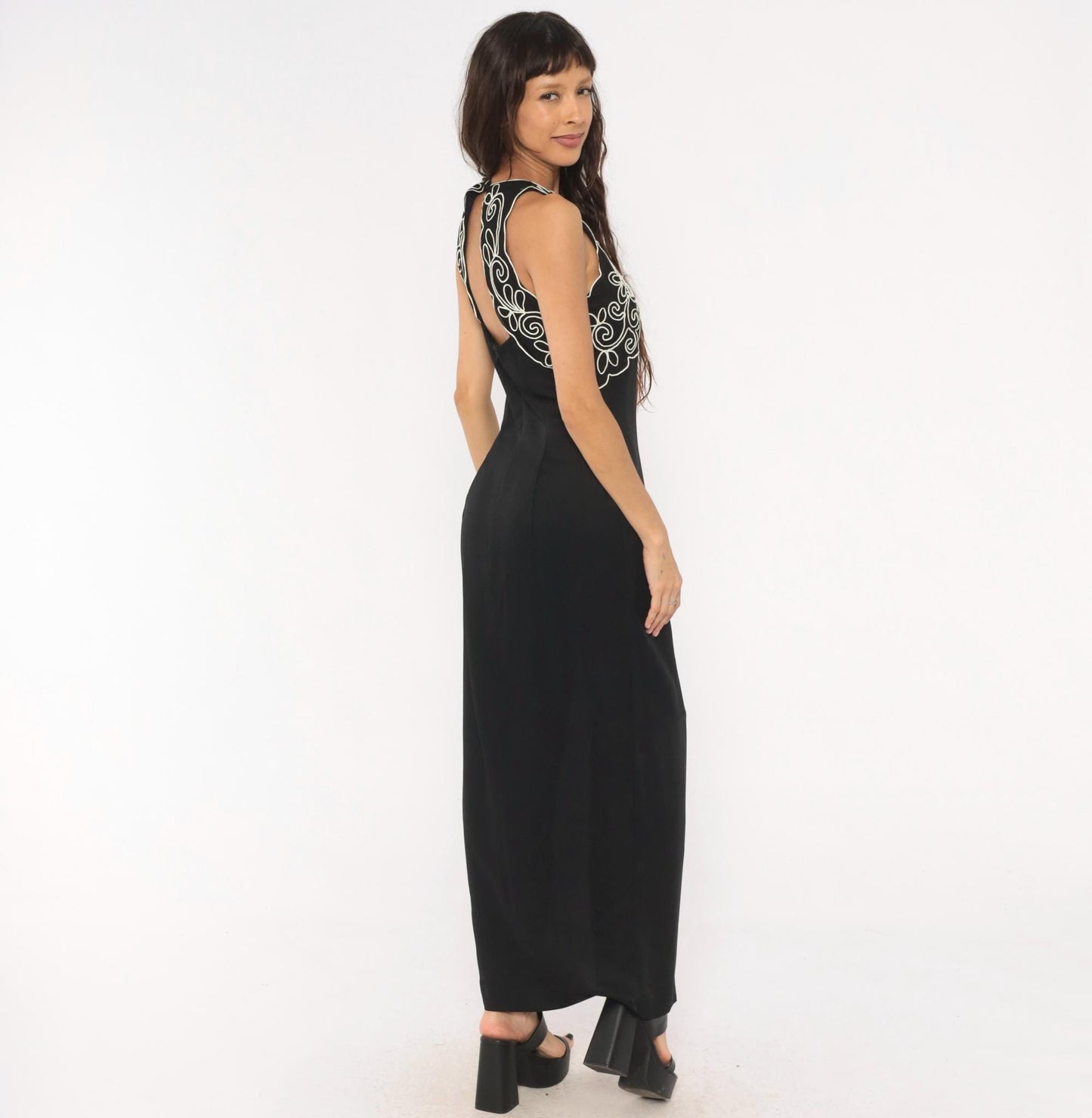90s Scott Mcclintock Black Maxi Halter Gown White Soutache Embroidery Medium M