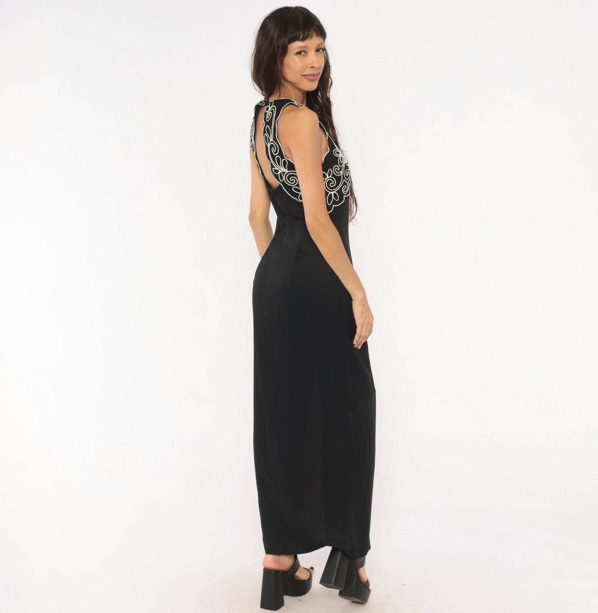 90s Scott Mcclintock Black Maxi Halter Gown White Soutache Embroidery Medium M