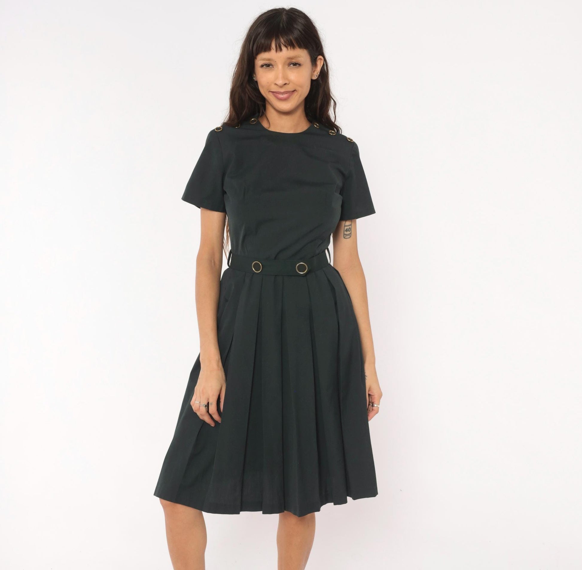 60s Charcoal Pleated A-Line Dress Gold Grommet Detail Cotton Small