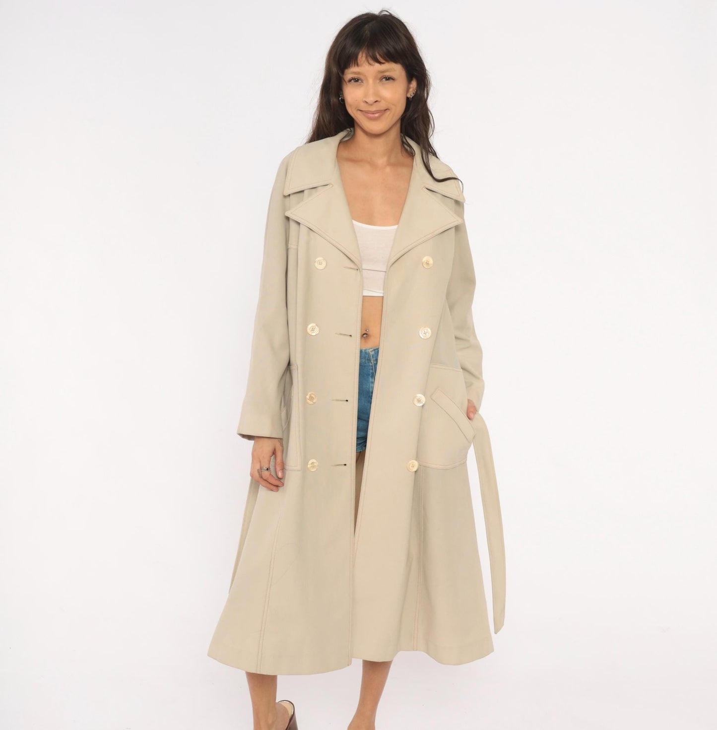 80s Double Breasted Trench Coat Beige Mid-Calf Belted Jacket Medium
