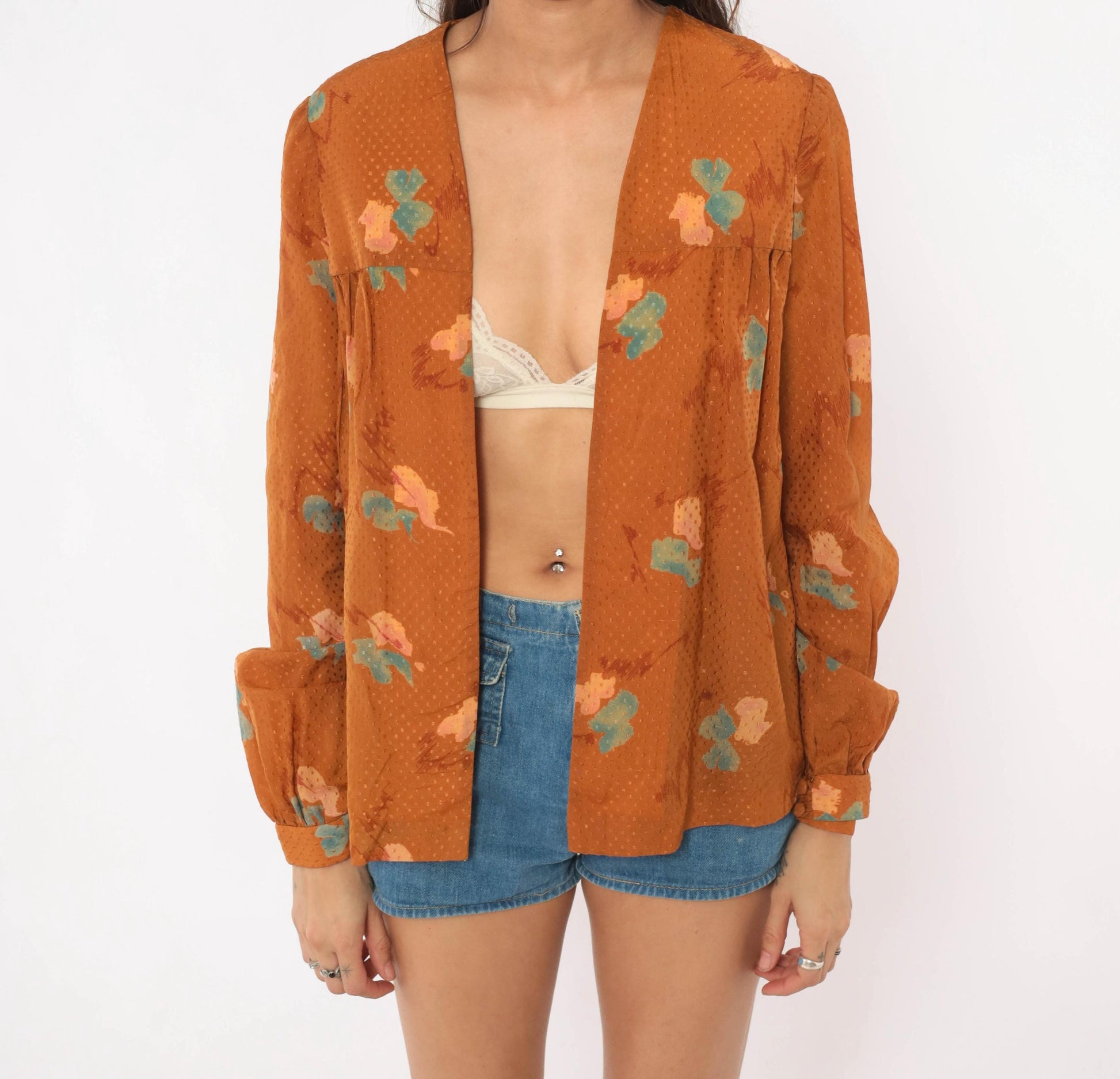70s Floral Open Front Blouse Rust Copper Puff Sleeve Dobby Weave Small S