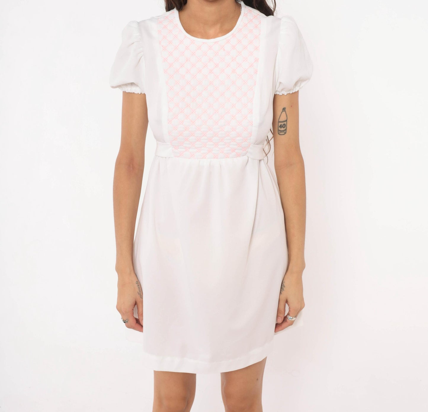 70s Sears Jr White Pink Quilted Puff Sleeve Mini Dress A-Line Small