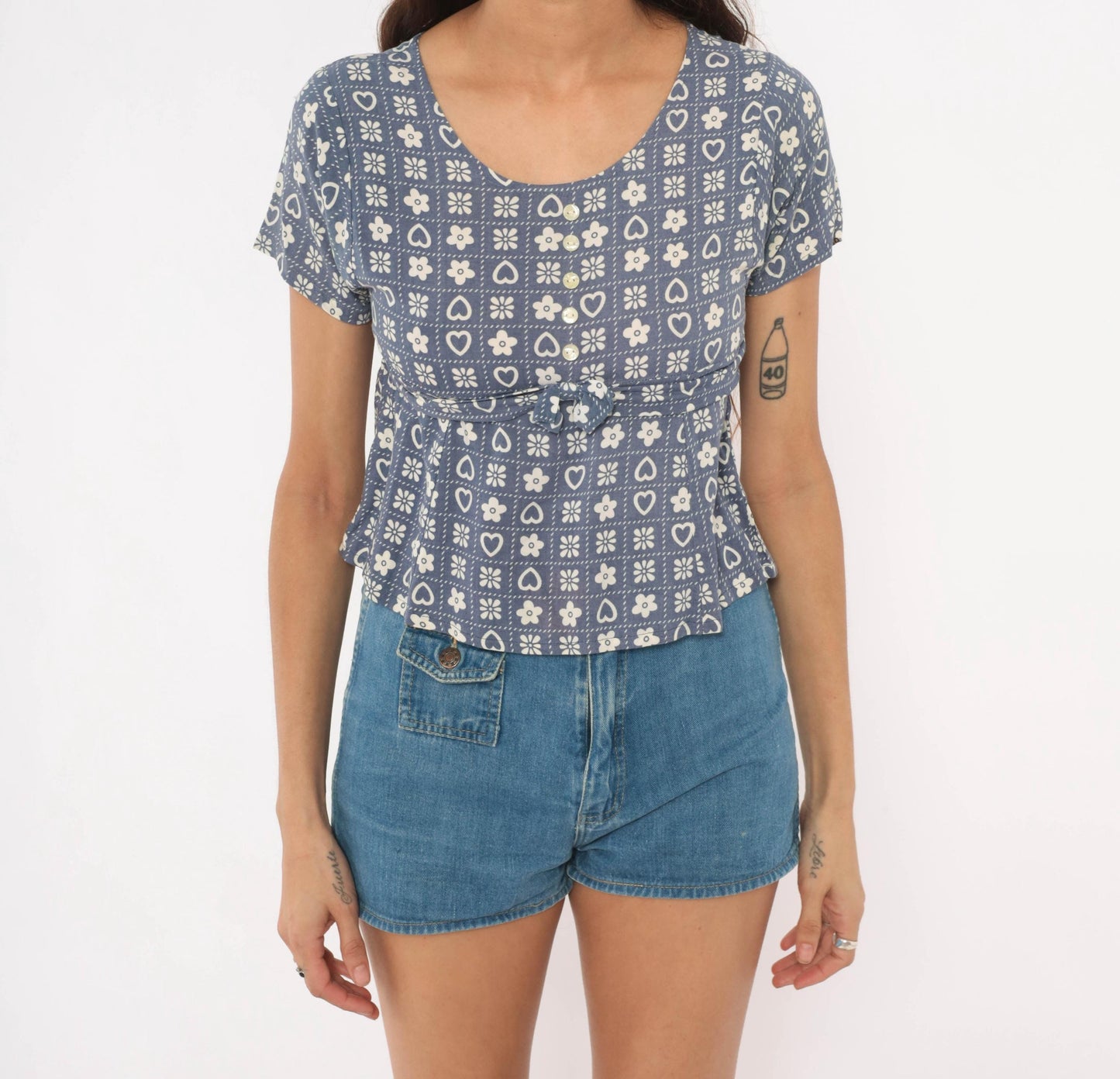 80s New Moves Hearts Flowers Grid Print Blouse Blue White Peplum Crop Extra Small XS