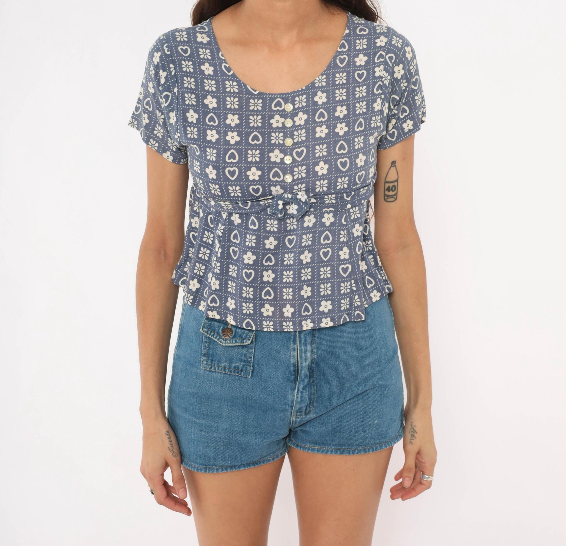 80s New Moves Hearts Flowers Grid Print Blouse Blue White Peplum Crop Extra Small XS
