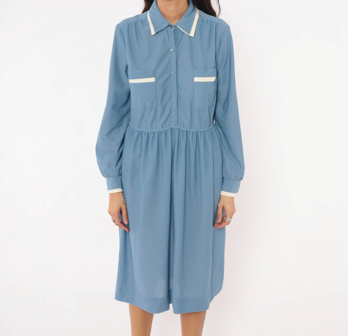 70s Stellas Powder Blue Shirt Dress Gathered Waist Knee Length Medium M