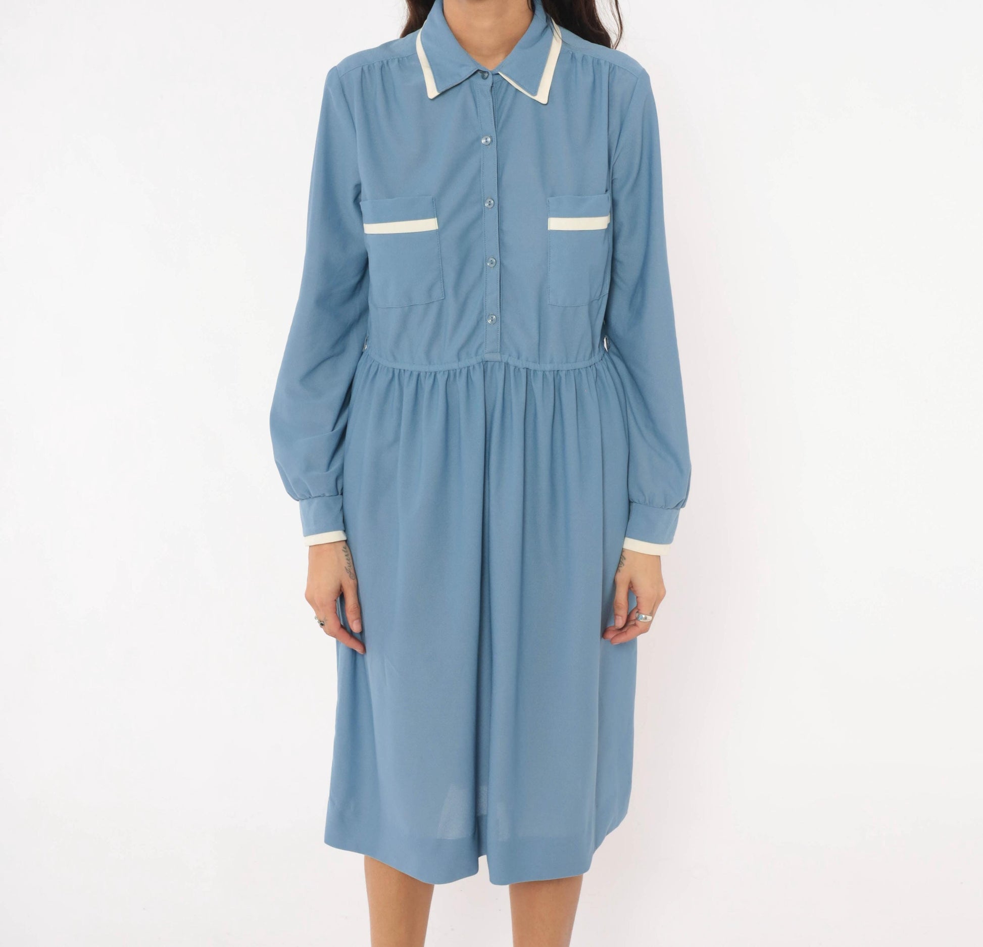 70s Stellas Powder Blue Shirt Dress Gathered Waist Knee Length Medium M