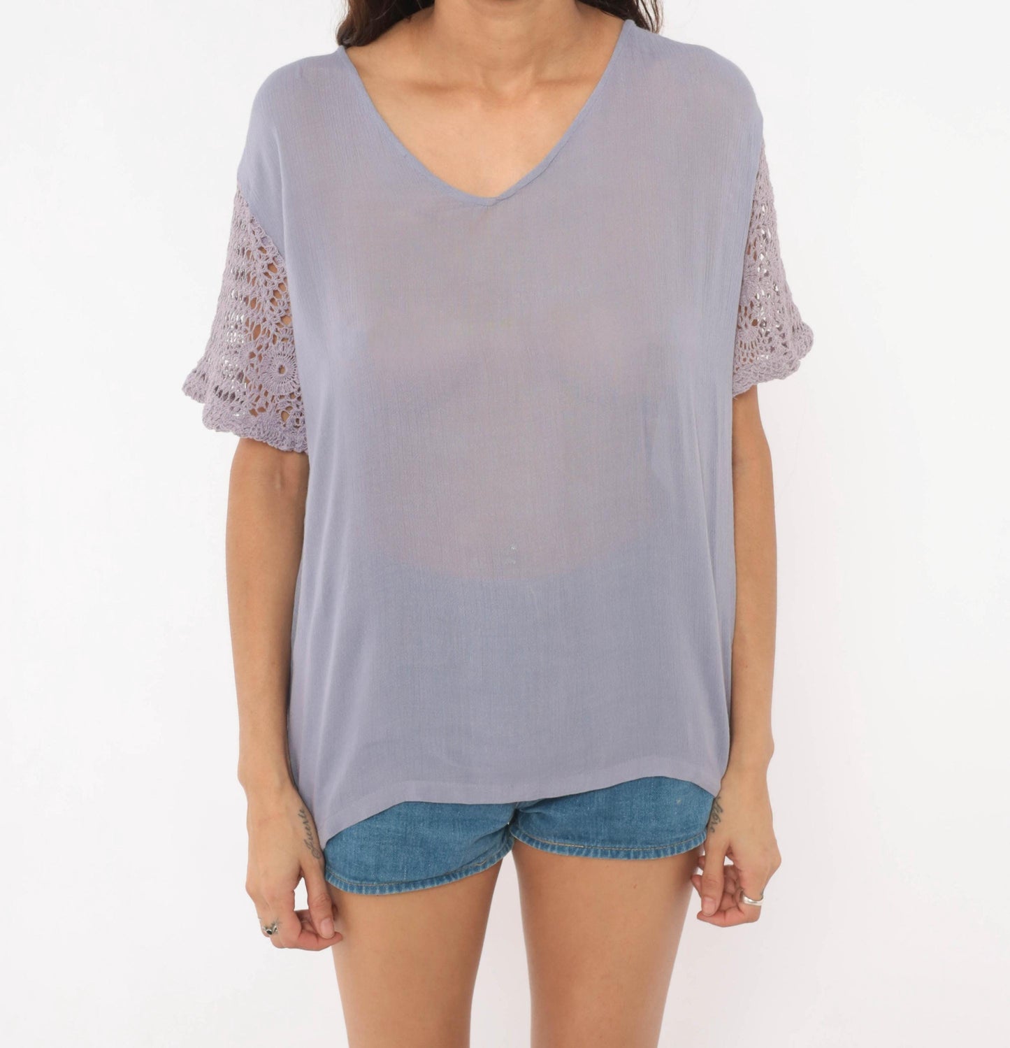 90s Marisol Lavender Crochet Sleeve Blouse Semi Sheer V-Neck Small
