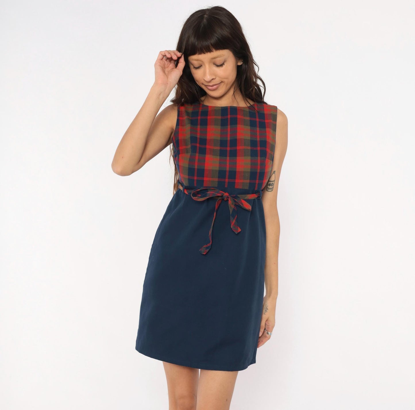 60s College Town Boston Plaid Mini Dress Navy Red Tartan Shift Tie Waist Extra Small XS
