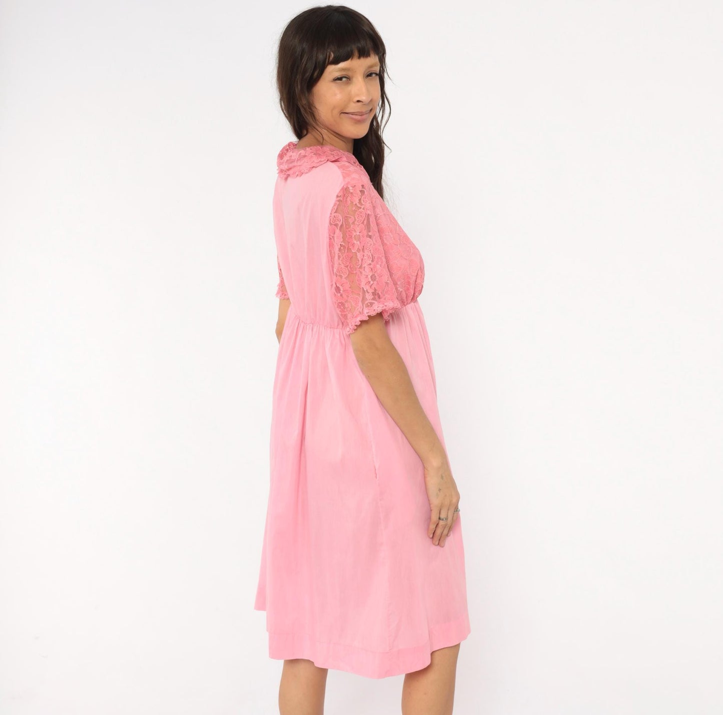 80s Pink Lace Housecoat Button Front Floral Nightgown Large L