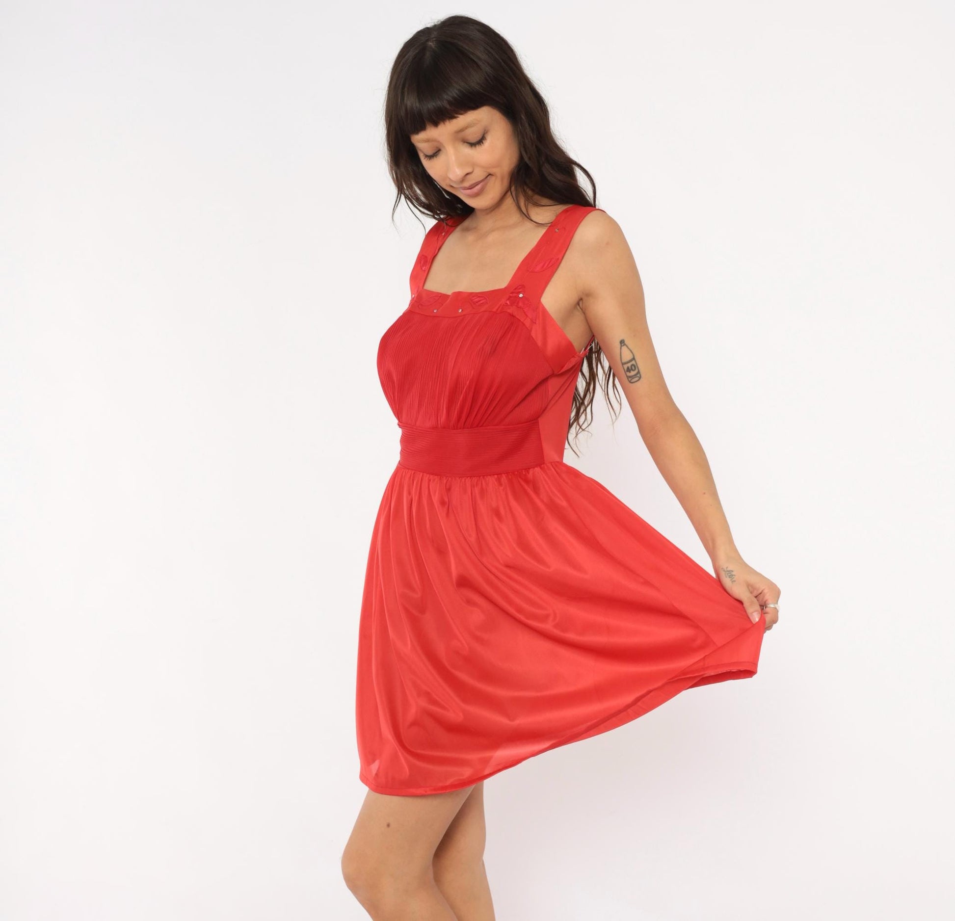 70s Red Babydoll Dress Satin Straps Embroidered Leaf Mini Nylon Medium M