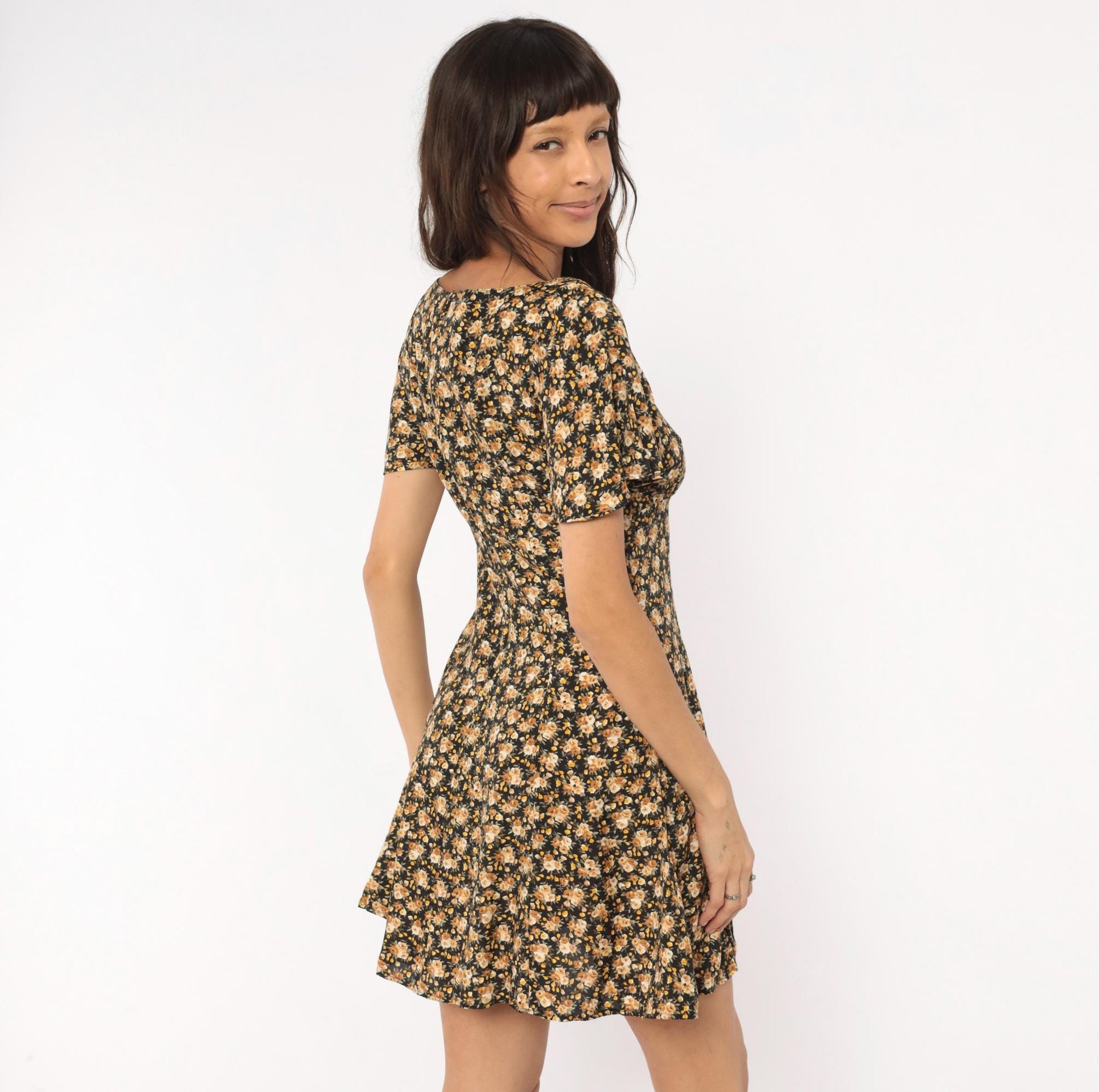 90s Contempo Casuals Floral Mini Dress Black Peach Rose V-Neck Flutter Sleeve Small S
