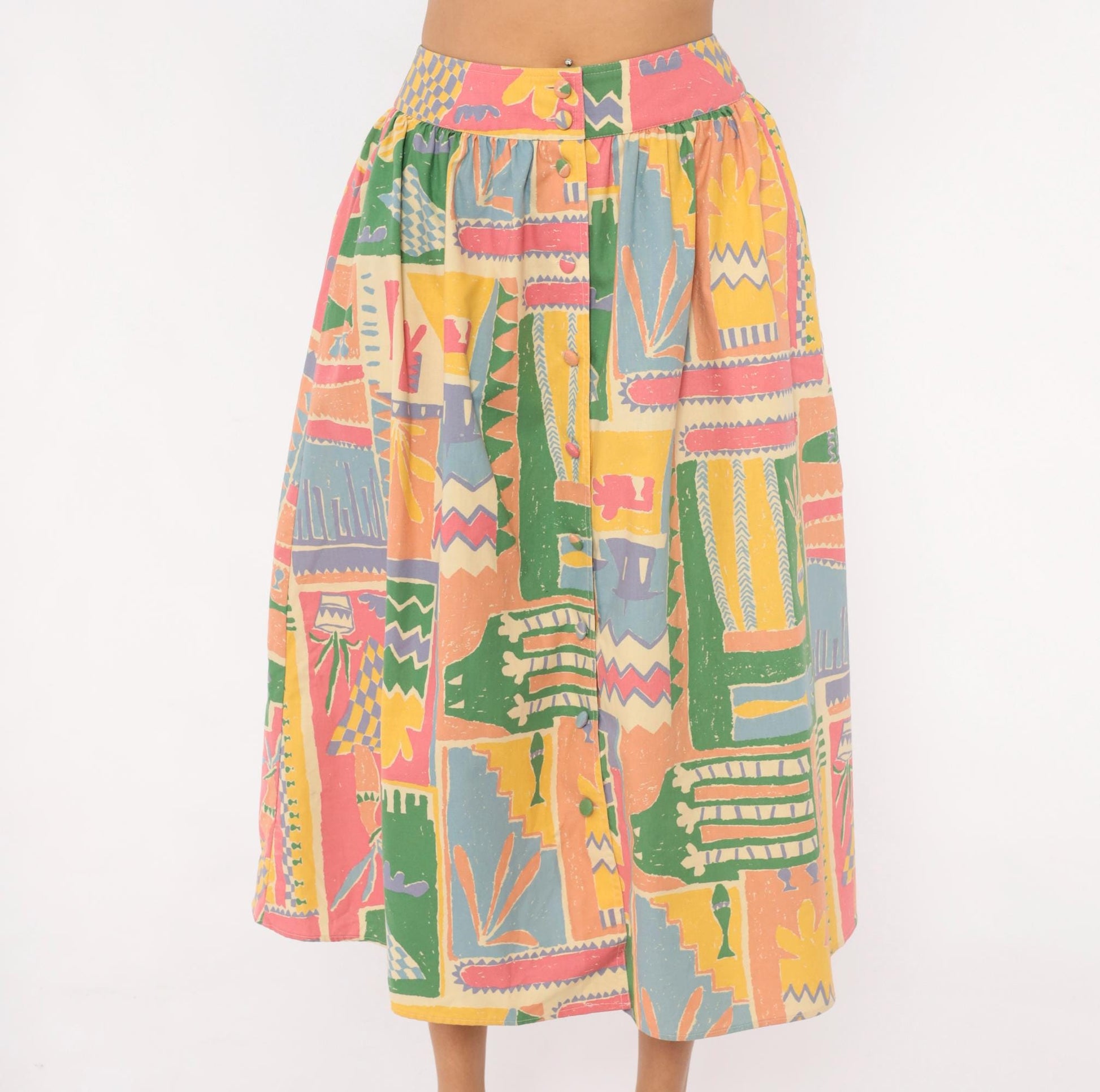 90s Laura Ashley Abstract Print Midi Skirt Cotton Button Front Multicolor Medium