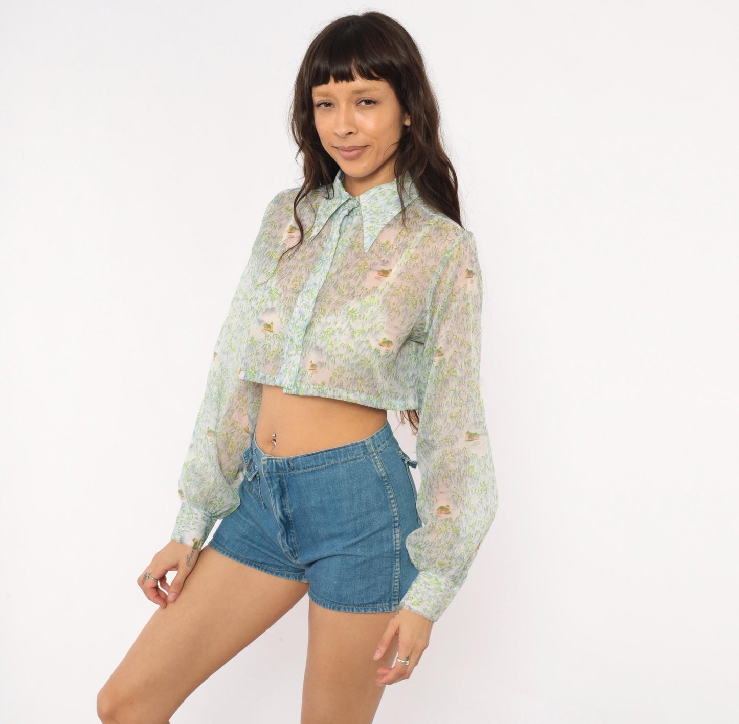 70s Tall Shop Cropped Sheer Blouse Pastoral Landscape Print Green Blue Small Medium