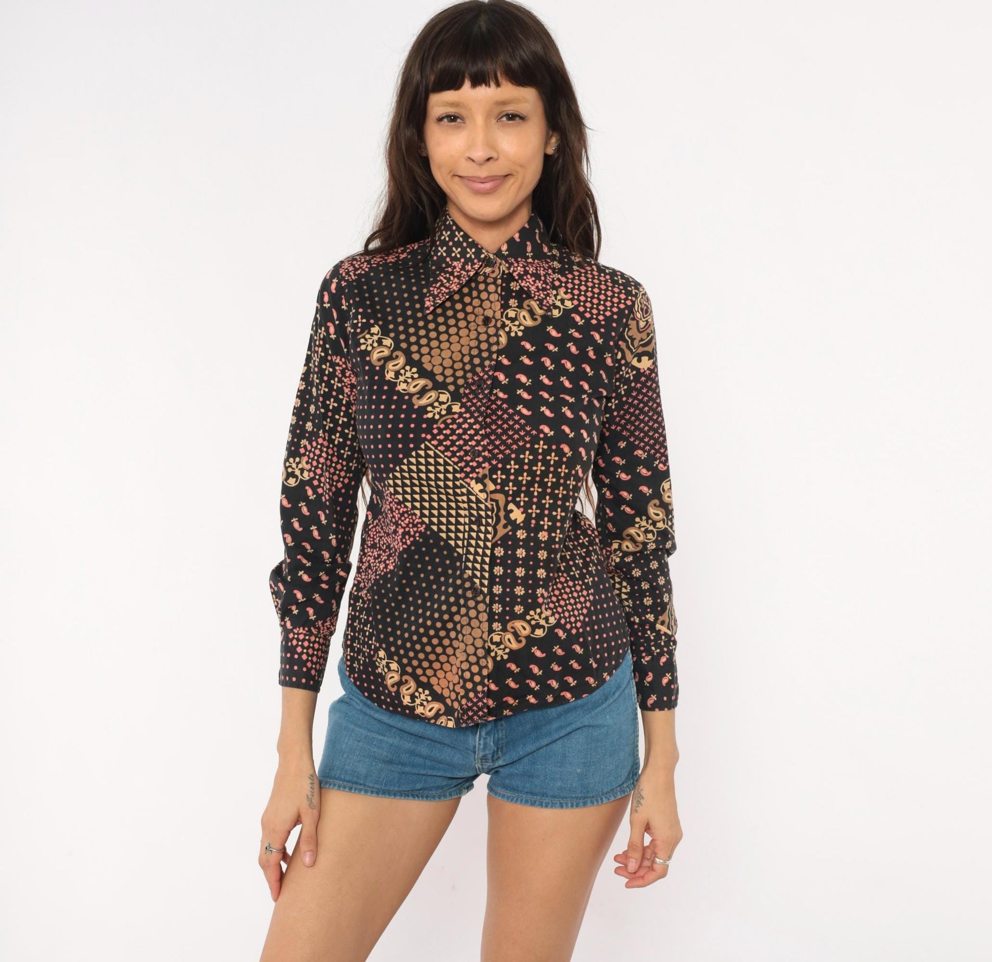 70s Gina Fashion Patchwork Button Blouse Black Pink Tan Paisley Cotton Extra Small