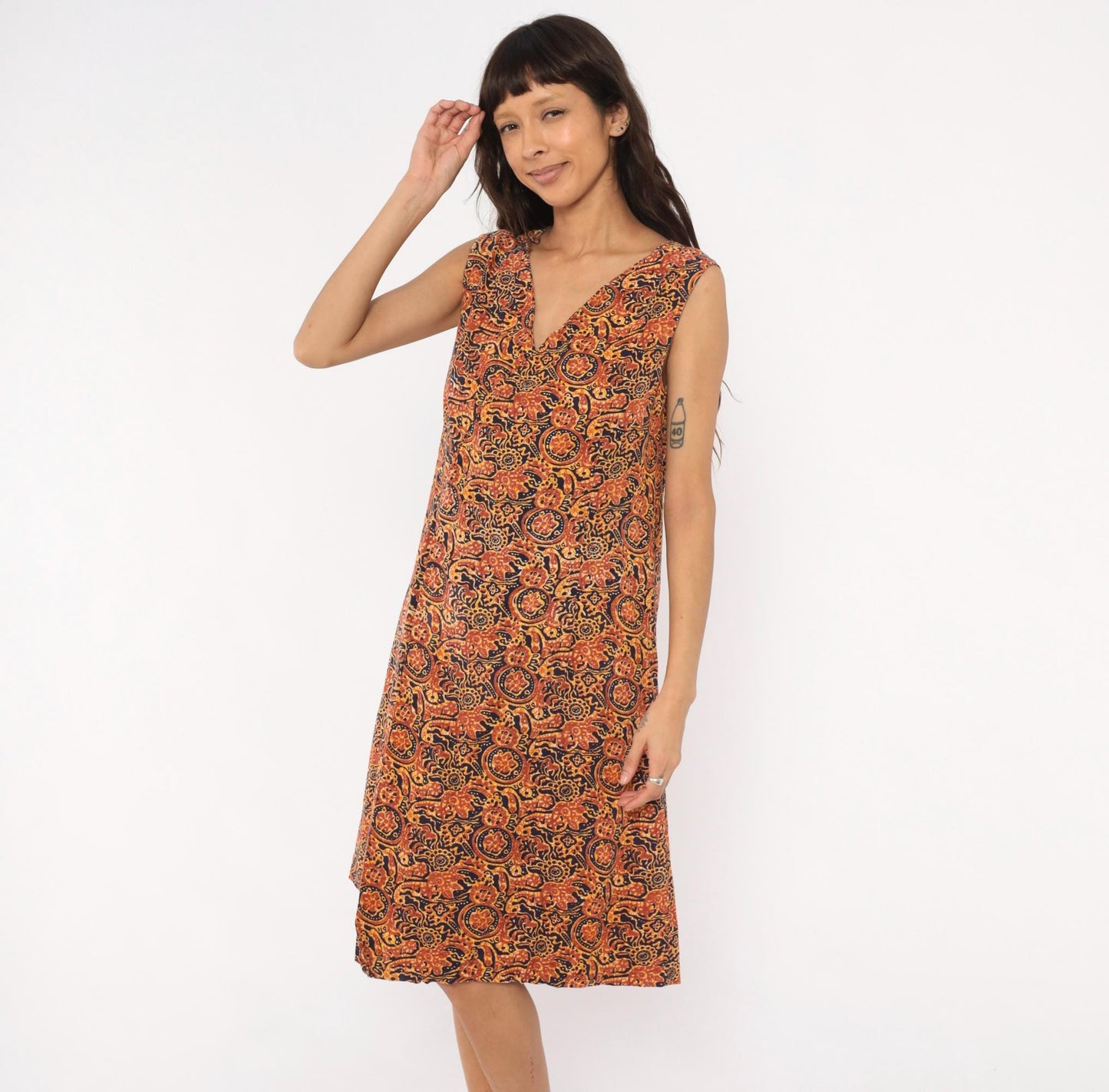 70s Batik Sundress Navy Rust Brown Paisley Floral Cotton V-Neck Medium M