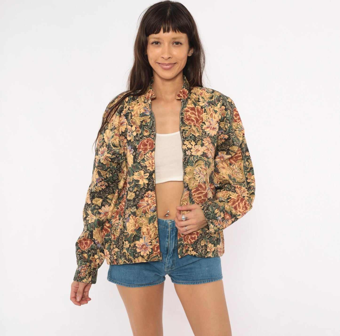 90s On The Verge Floral Tapestry Bomber Jacket Cotton Botanical Tan Burgundy Medium