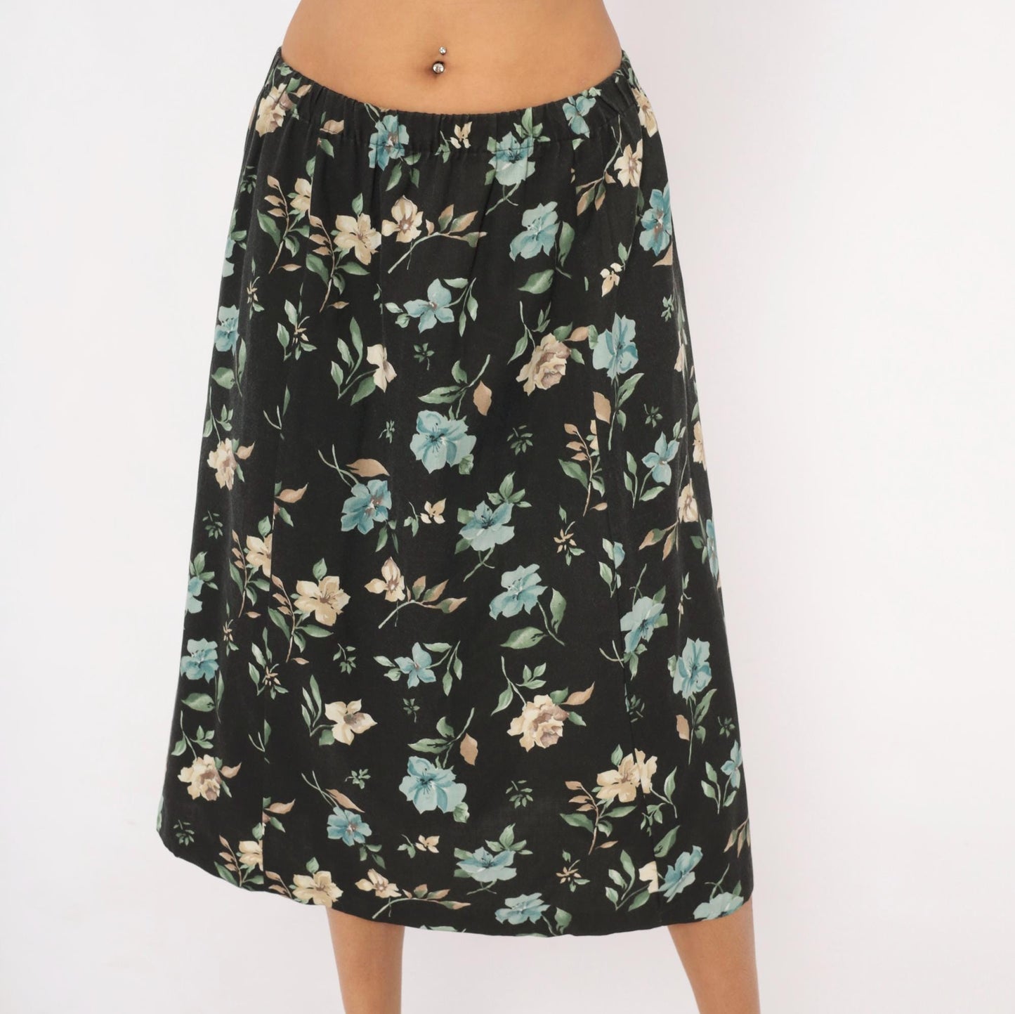 80s Blair Floral Midi Skirt Black Botanical Print Sage Green Medium