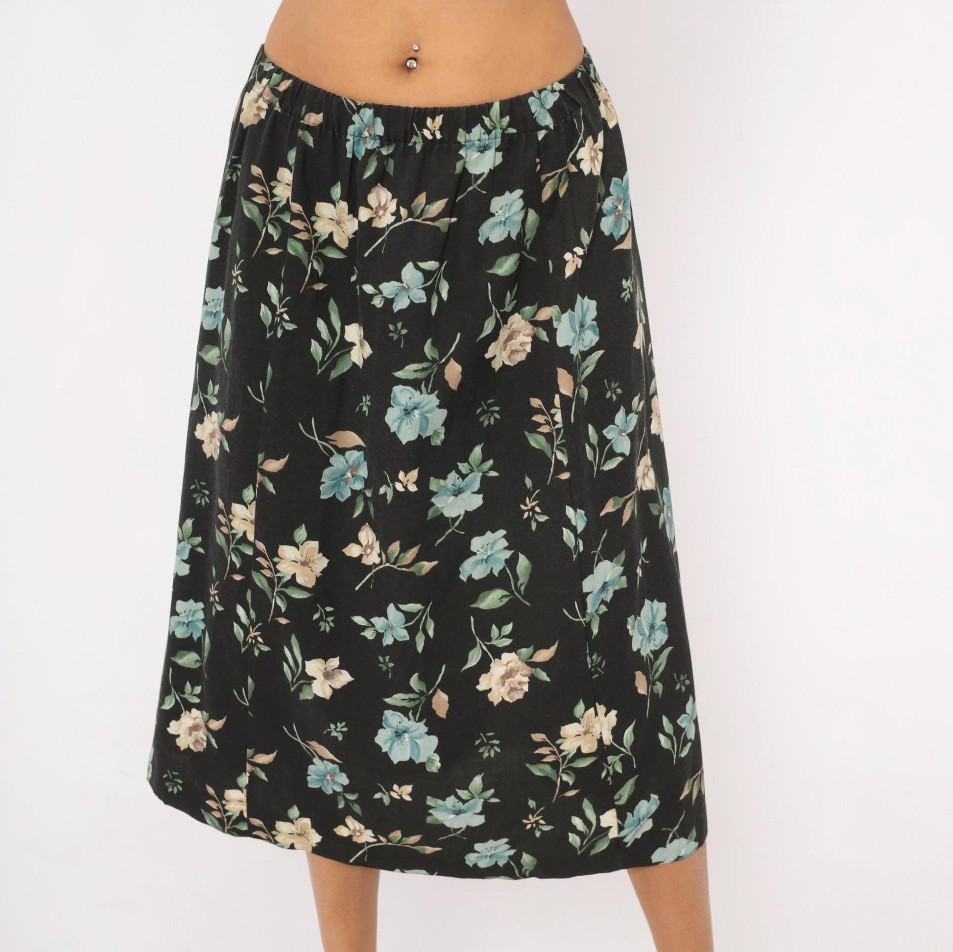 80s Blair Floral Midi Skirt Black Botanical Print Sage Green Medium