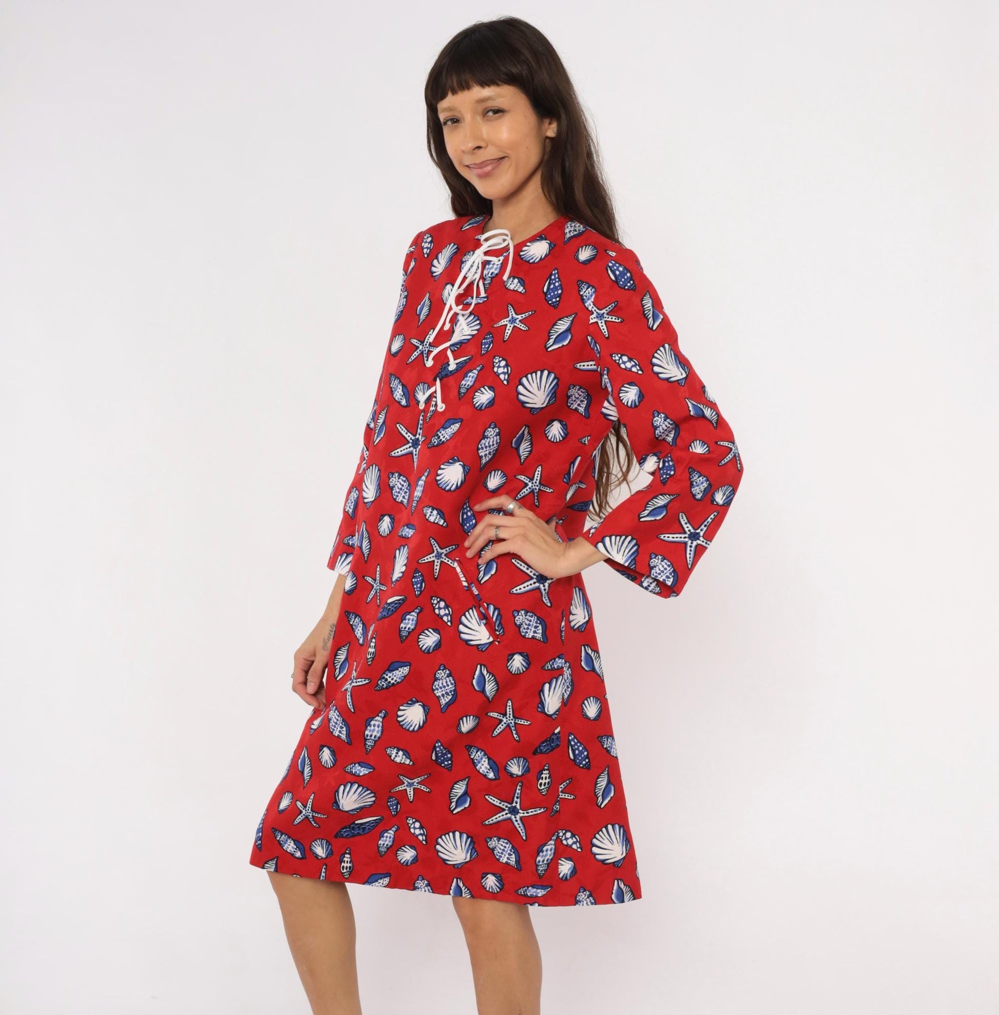 70s Bill Blass Seashell Starfish Print Shift Dress Red Cotton Lace-Up Large L