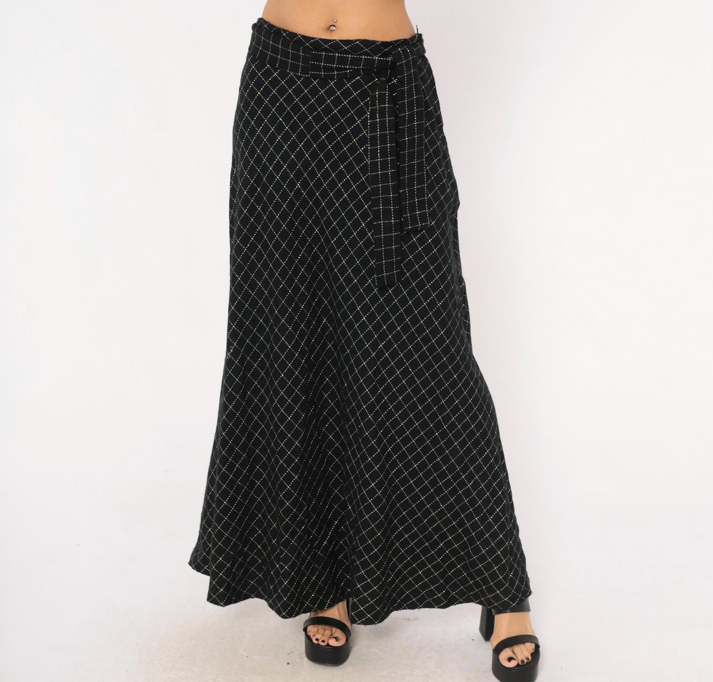 70s Signature Black Maxi Skirt Diamond Quilted Silver Metallic Medium M