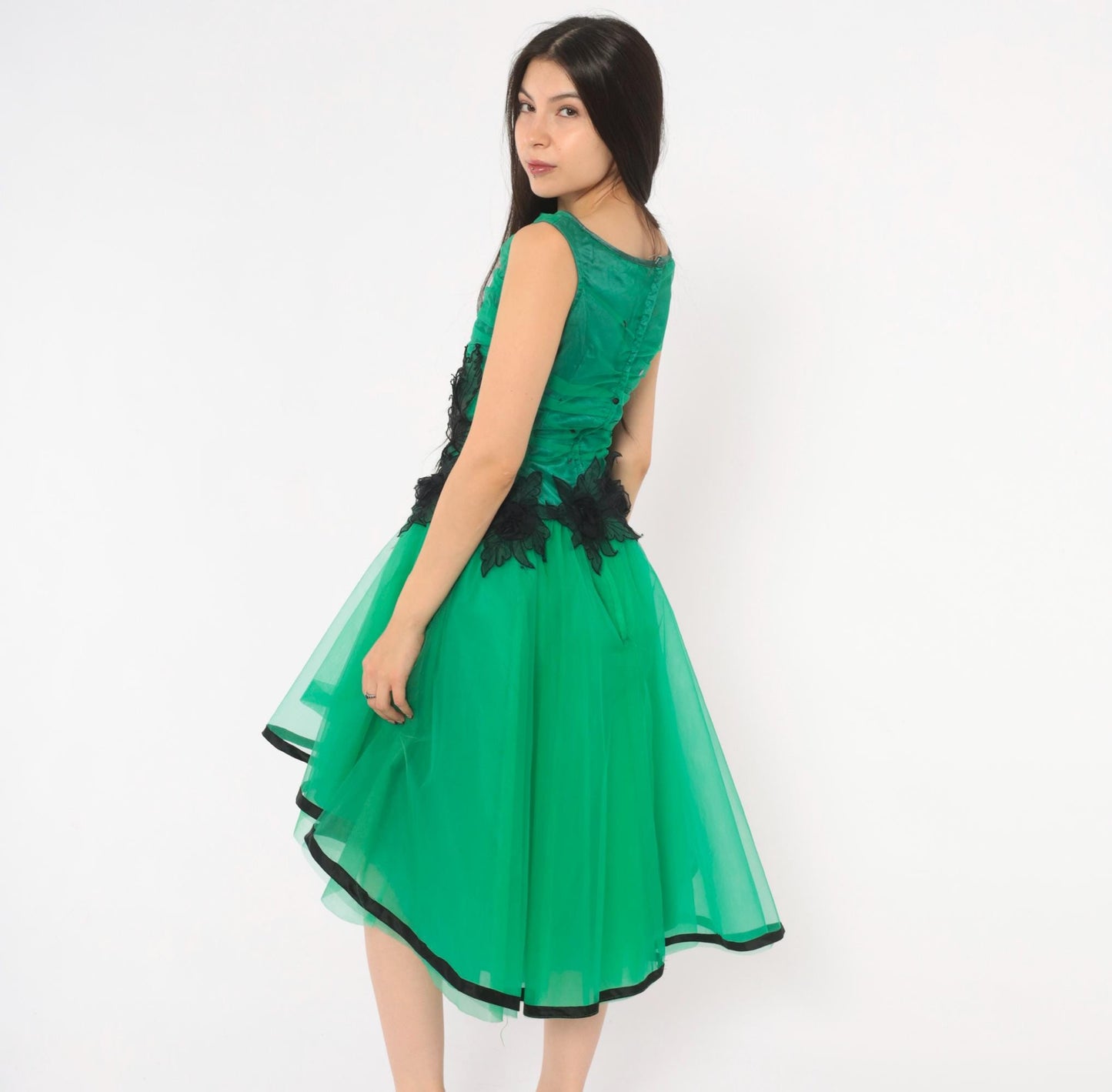 80s Emerald Green Fit Flare Party Dress Sequin Tulle High-Low Black Floral XS