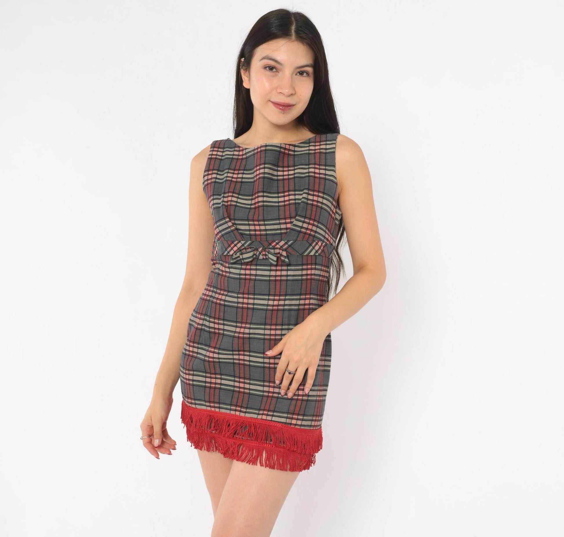60s Plaid Mini Dress Grey Red Tartan Sleeveless Bow Empire Waist XS