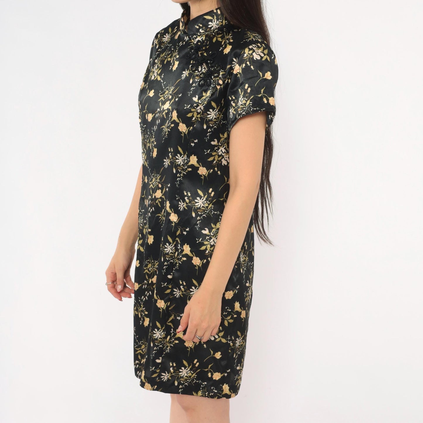 90s Dby Cheongsam Dress Black Gold Floral Brocade Mandarin Collar Mini Medium M