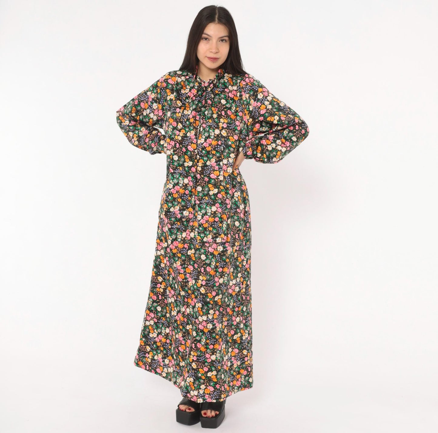 70s Atkins Black Floral Maxi Dress Bell Sleeve Bow Neck Garden Print Medium M