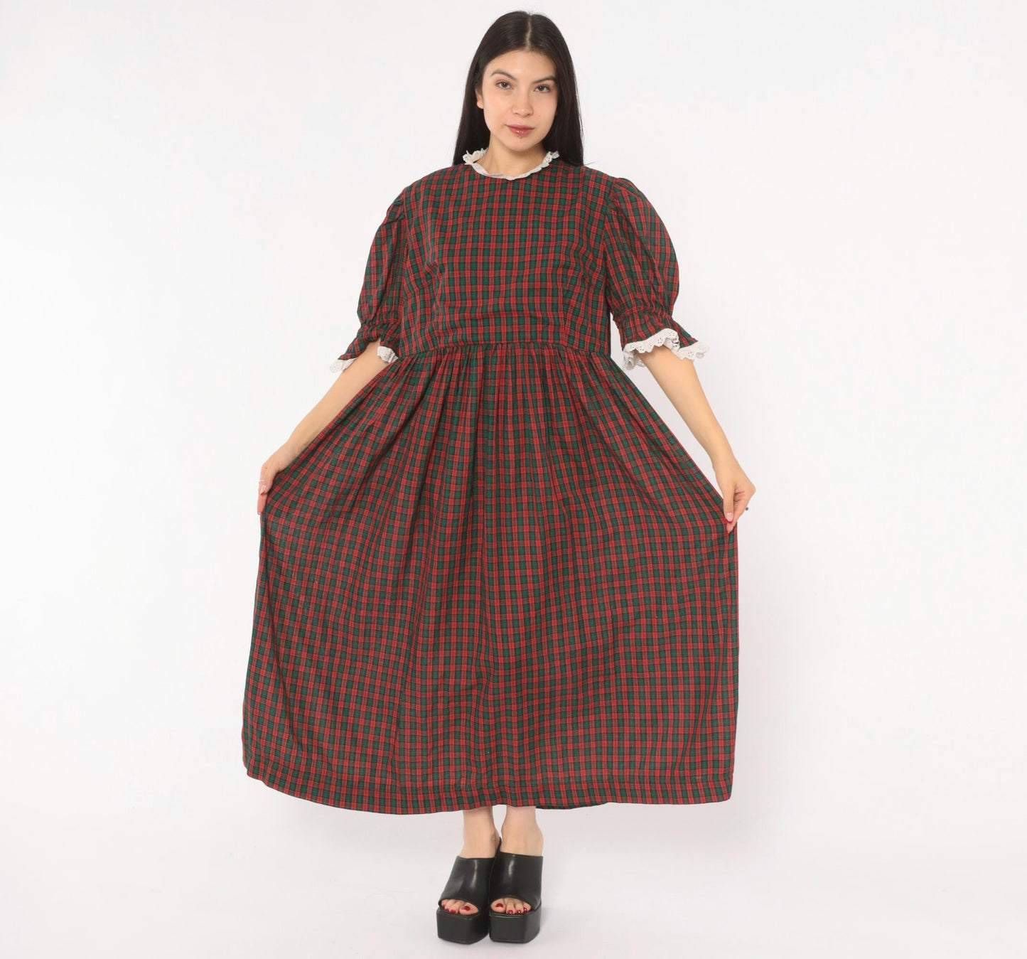 90s Red Green Tartan Maxi Dress Puff Sleeve Eyelet Lace Cotton Large L