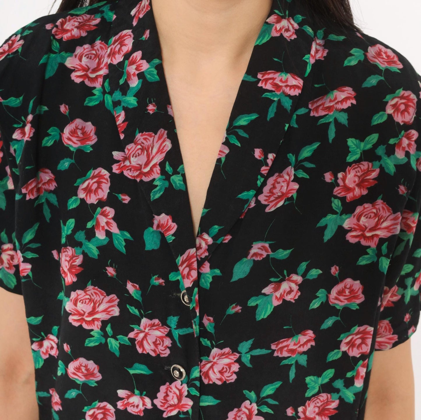 90s All That Jazz Floral Romper Black Pink Rose Print V-Neck Small S