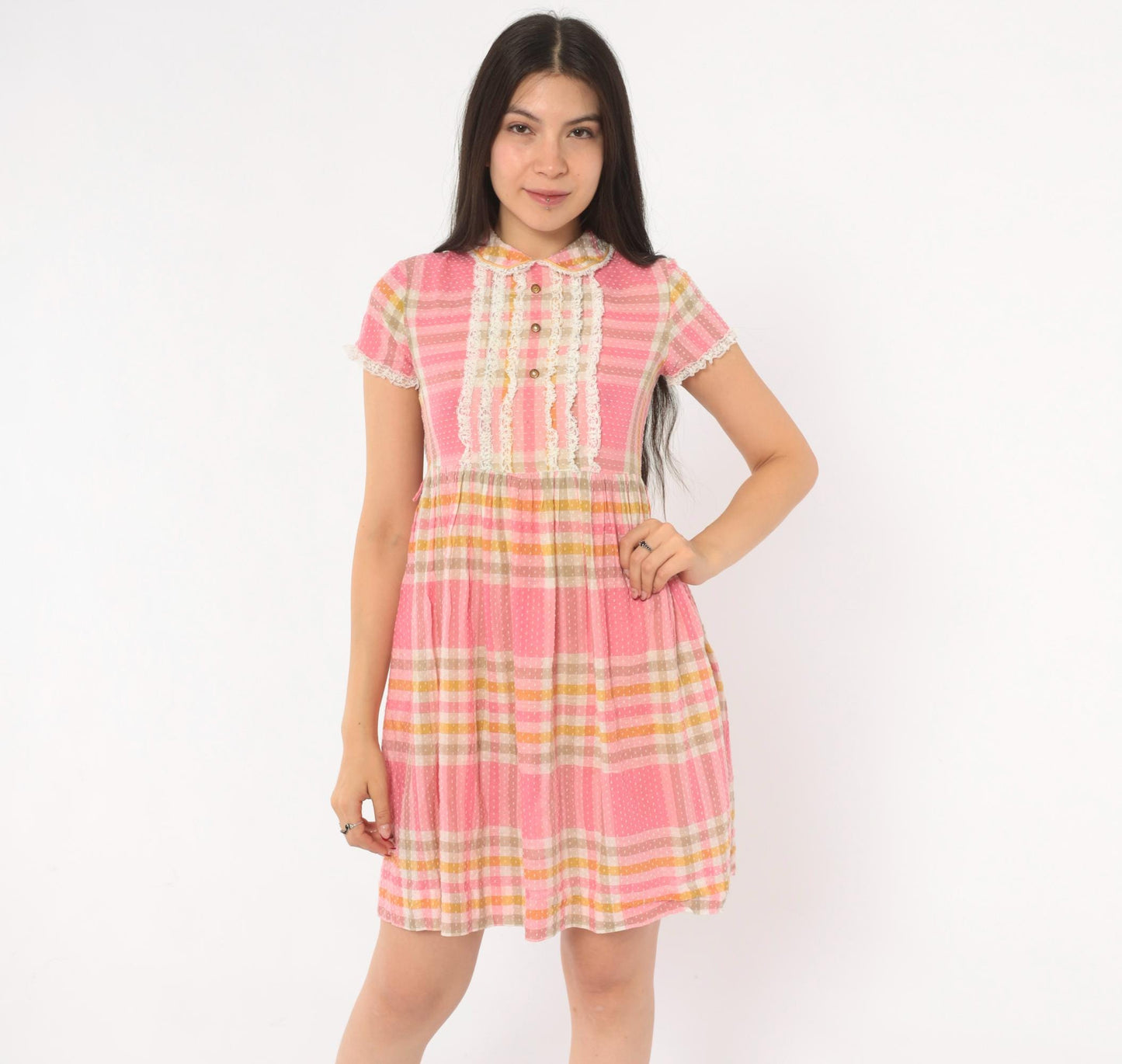 70s Pink Plaid Babydoll Dress Peter Pan Collar Lace Bib Mini XXS