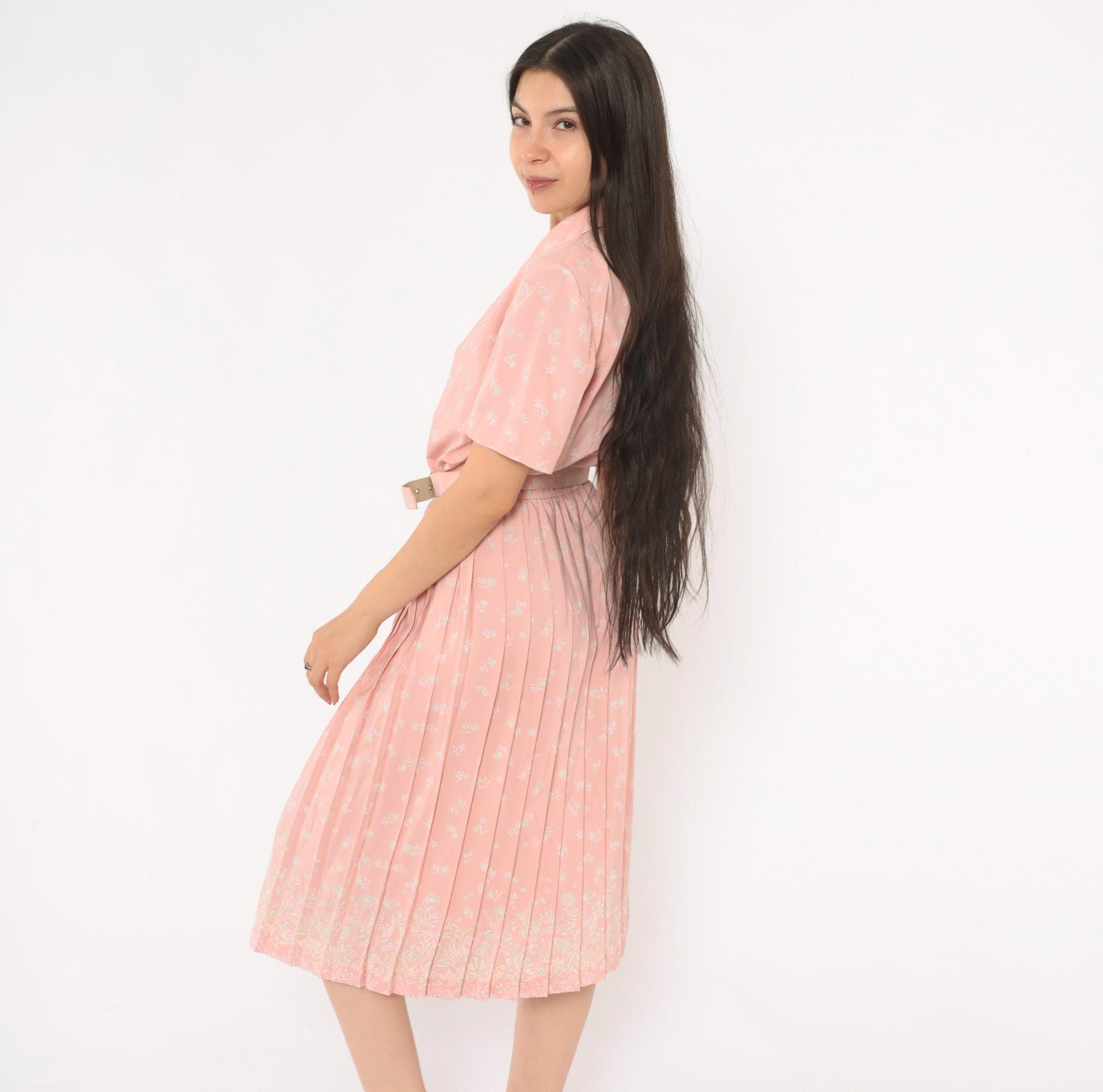 80s Leslie Fay Pink Floral Shirtdress Pleated Midi Notched Collar Small
