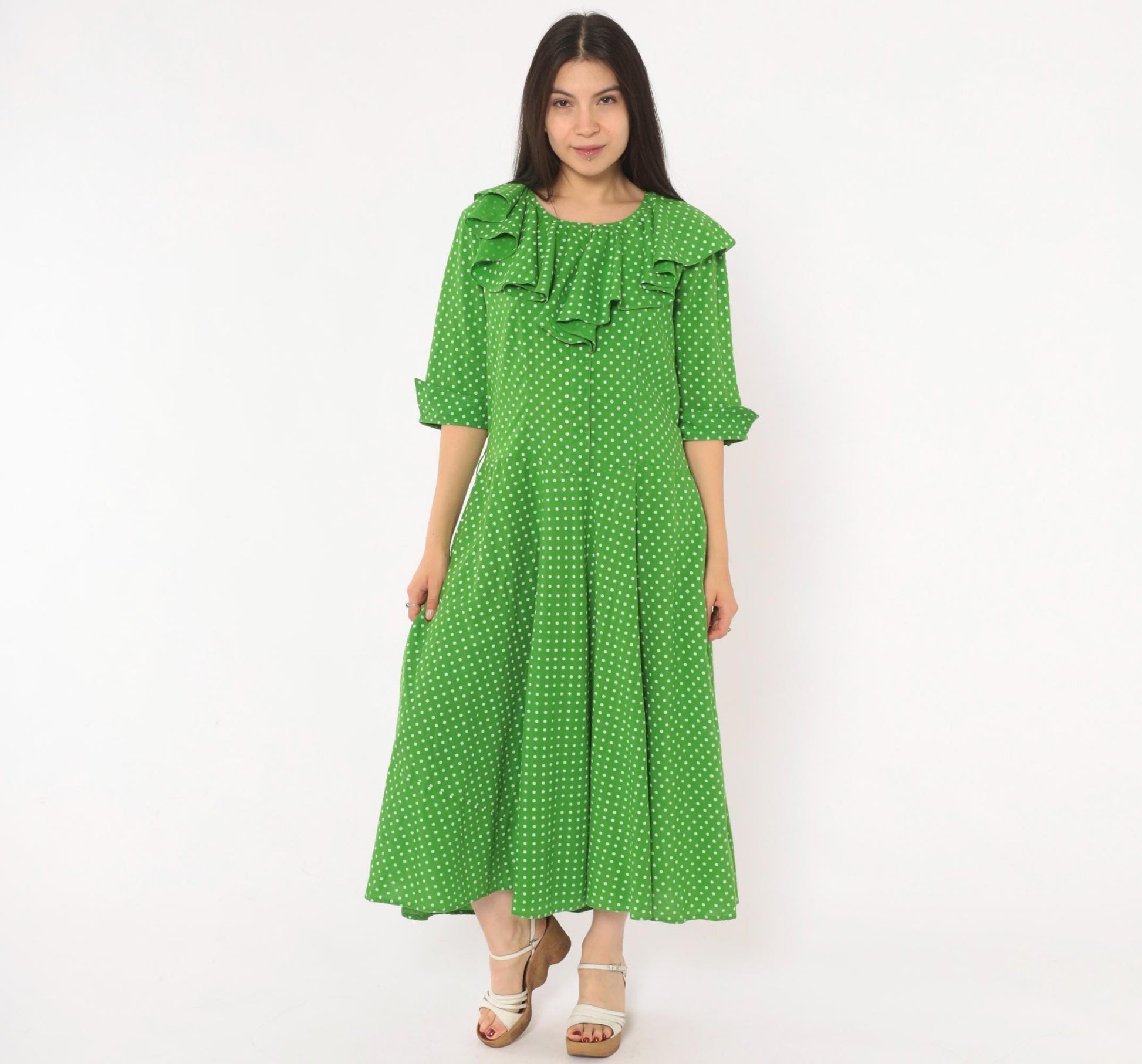 2000s Green White Polka Dot Cotton Midi Dress Ruffle Collar Puff Sleeve Large L