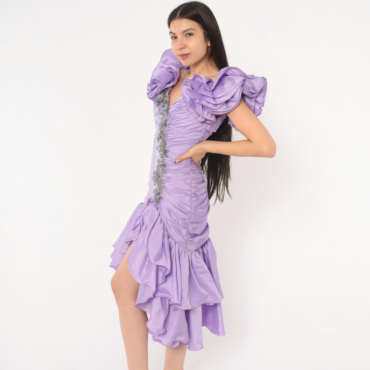 80s Alyce Designs Lilac Sequin Prom Dress Sweetheart Neckline Mermaid Hem Extra Small XS