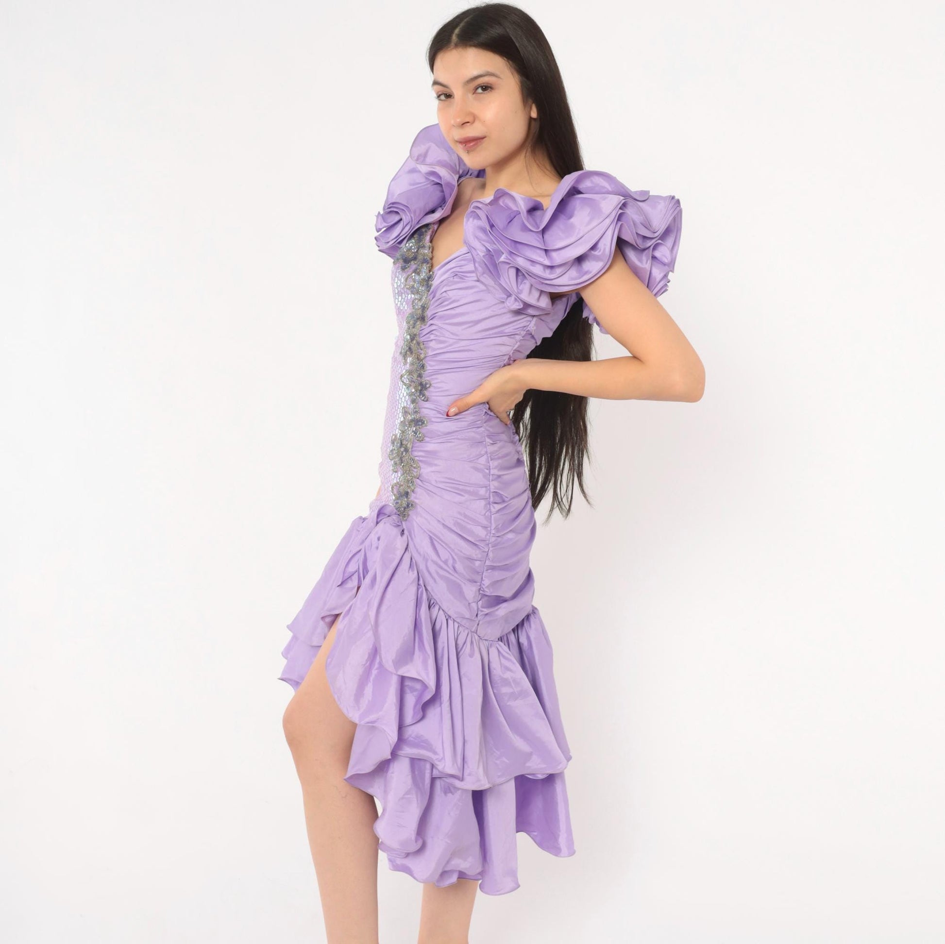 80s Alyce Designs Lilac Sequin Prom Dress Sweetheart Neckline Mermaid Hem Extra Small XS
