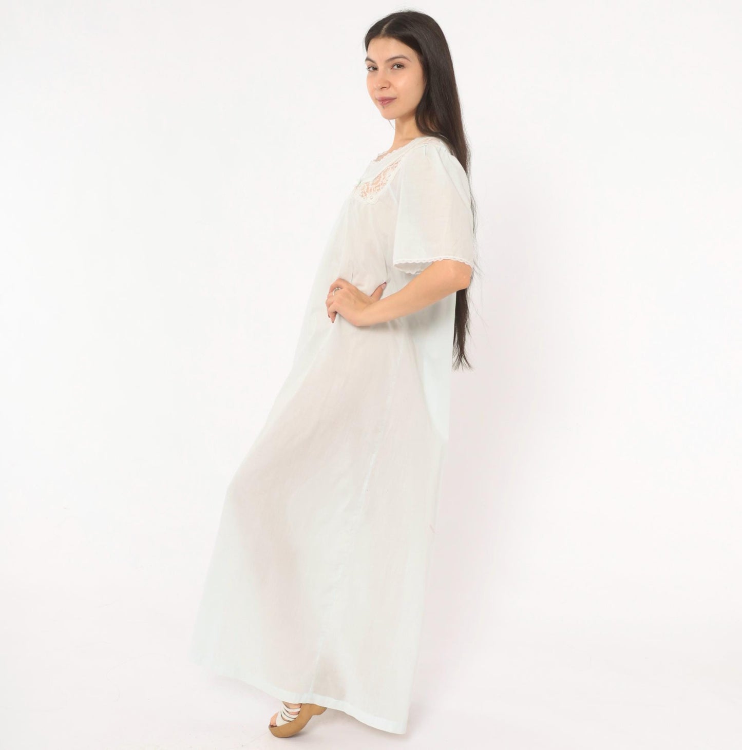 80s Barbizon Pale Blue Maxi Nightgown Lace Yoke Embroidered Puff Sleeve Large L