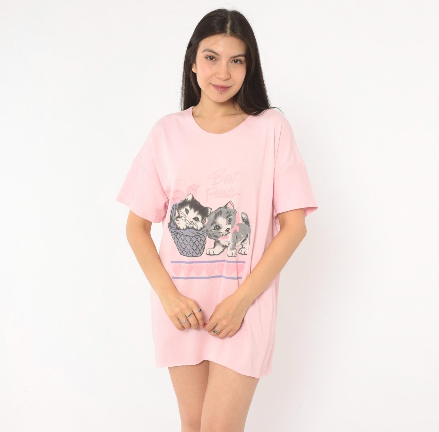 90s Best Friends Kitten Pink Sleep Shirt Cotton Graphic Tee One Size