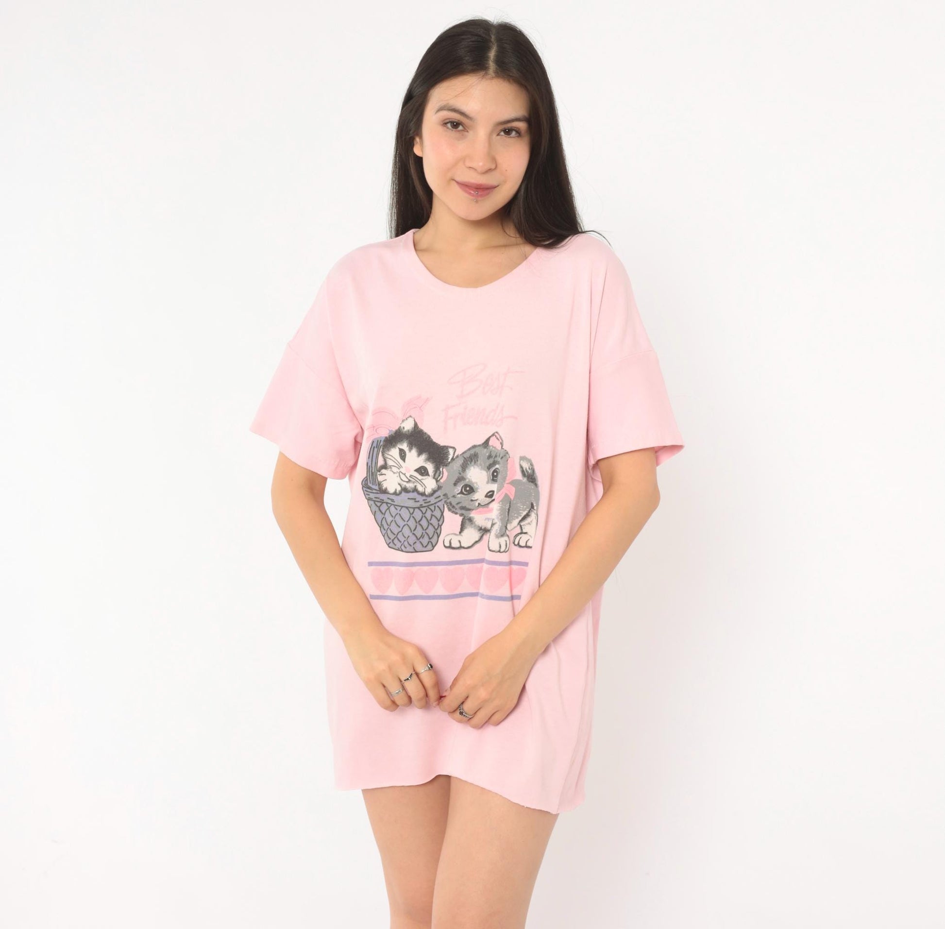 90s Best Friends Kitten Pink Sleep Shirt Cotton Graphic Tee One Size