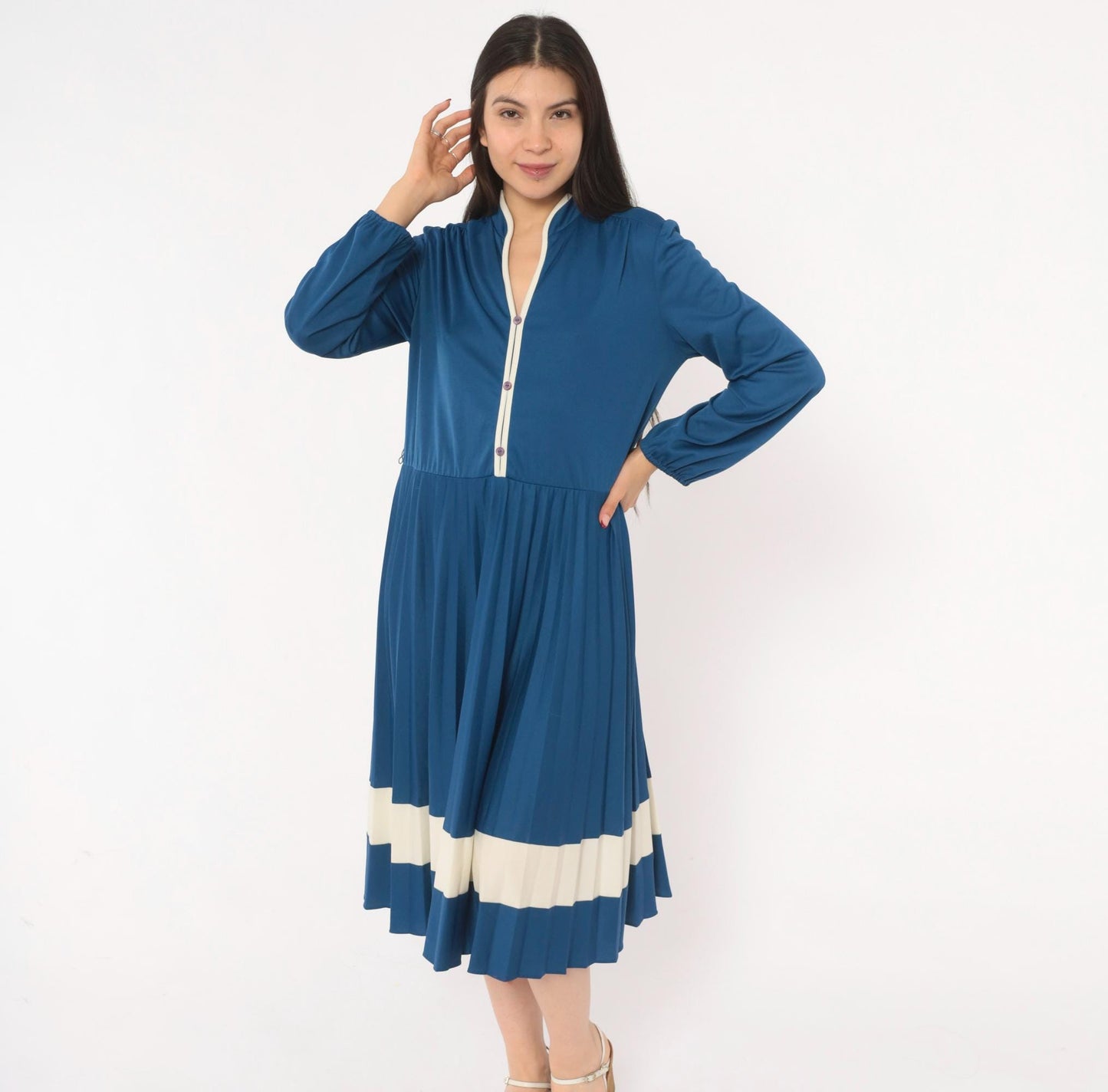 70s Navy Blue Pleated Dress Stand Collar Button Front Balloon Sleeve Large L