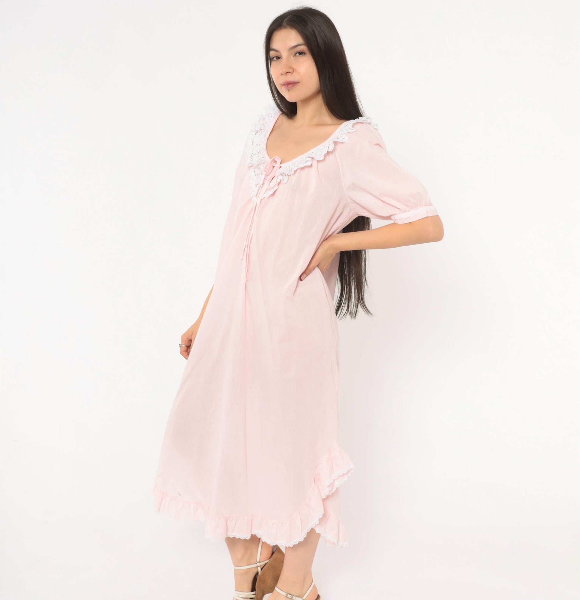 90s Apostrophe Pink Lace Nightgown Puff Sleeve Tie Front Medium M