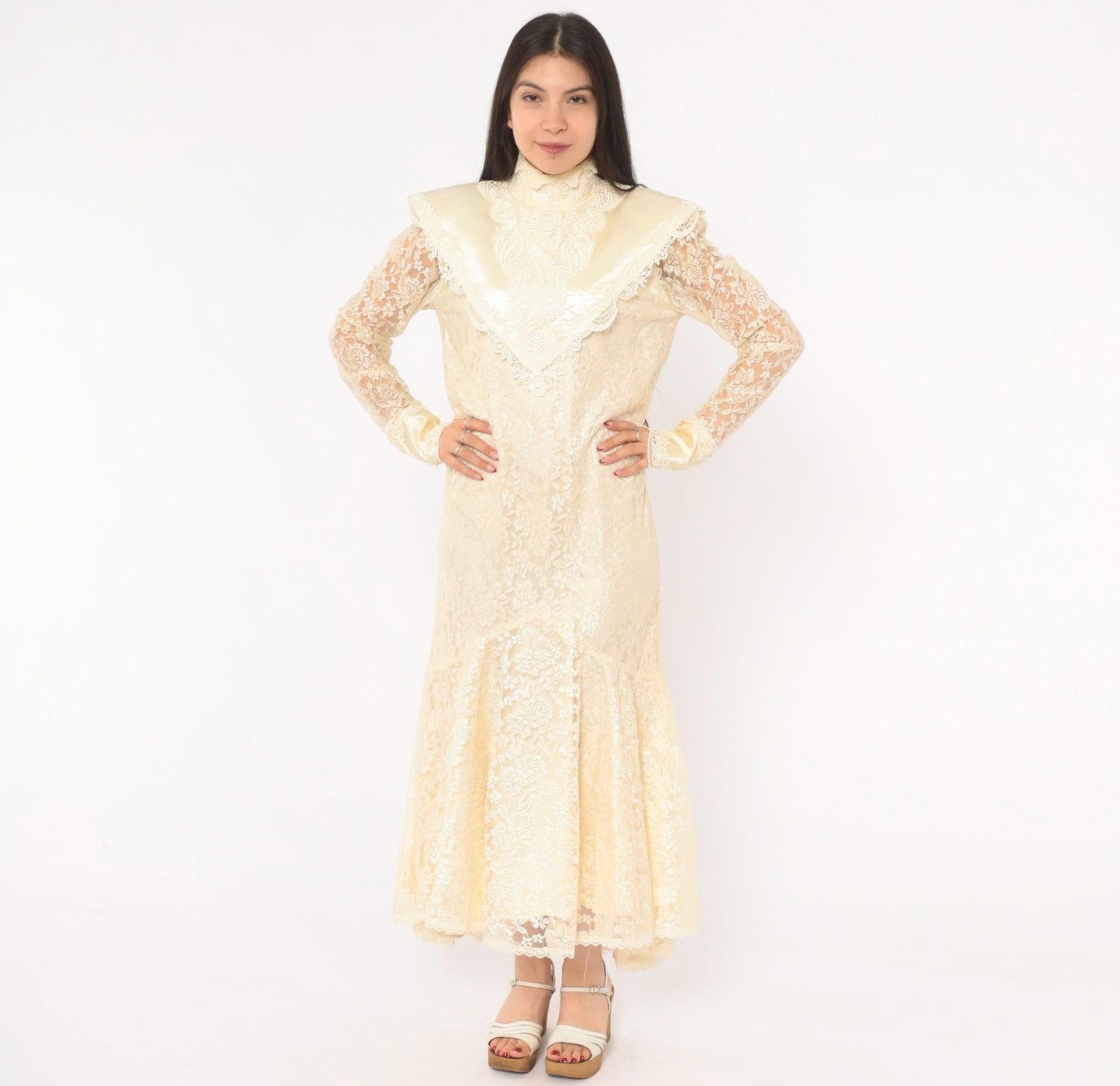 80s Jessica Mclintock Cream Lace Mermaid Wedding Dress High Neck Satin Bib Medium M