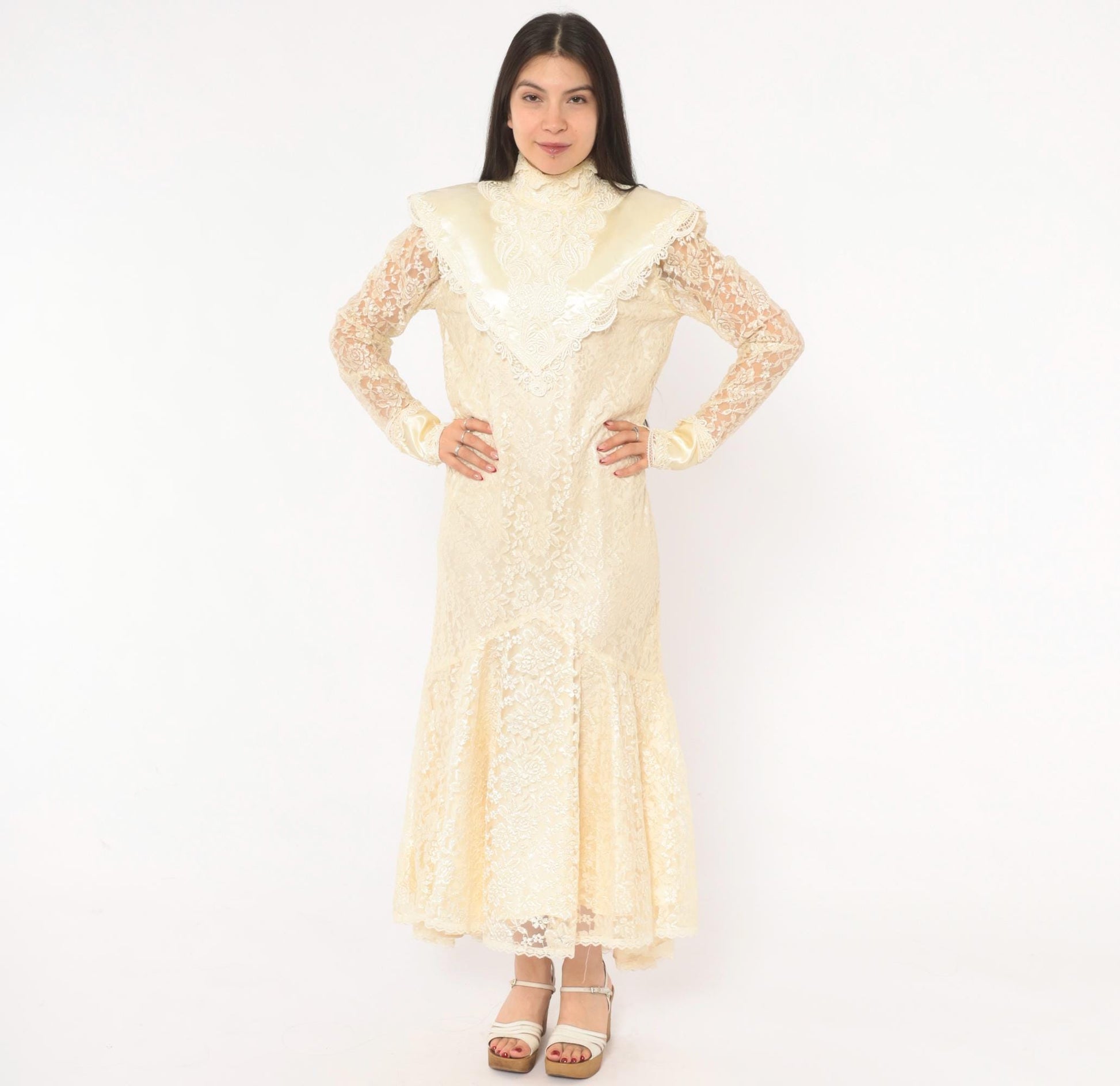 80s Jessica Mclintock Cream Lace Mermaid Wedding Dress High Neck Satin Bib Medium M