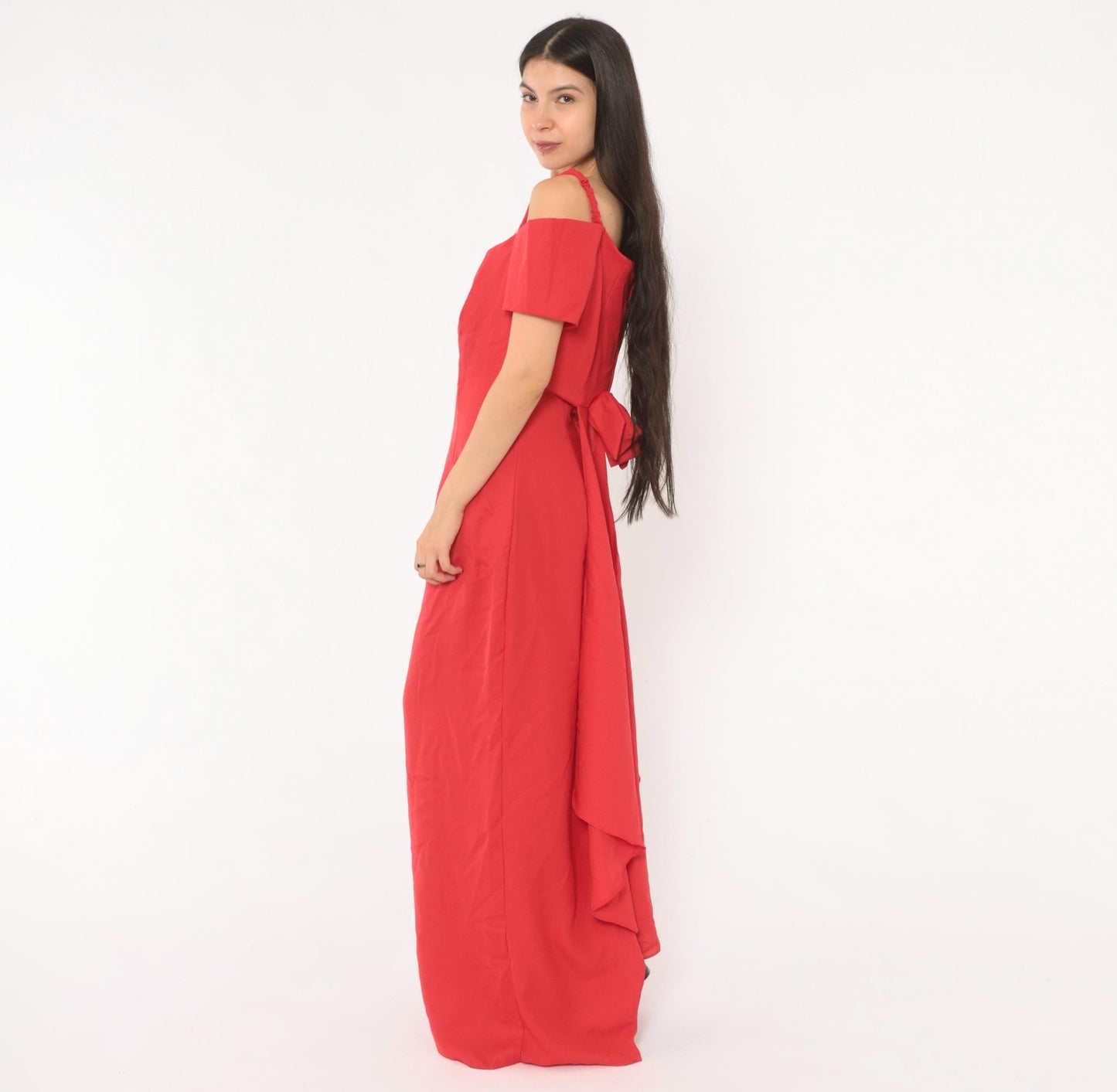90s Red Off-Shoulder Maxi Gown Spaghetti Strap Bow Back Medium M