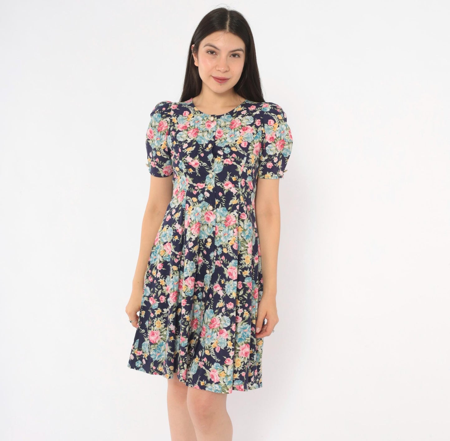 90s Sweet Soda Floral Mini Dress Navy Puff Sleeve Lace-Up Cotton XXS
