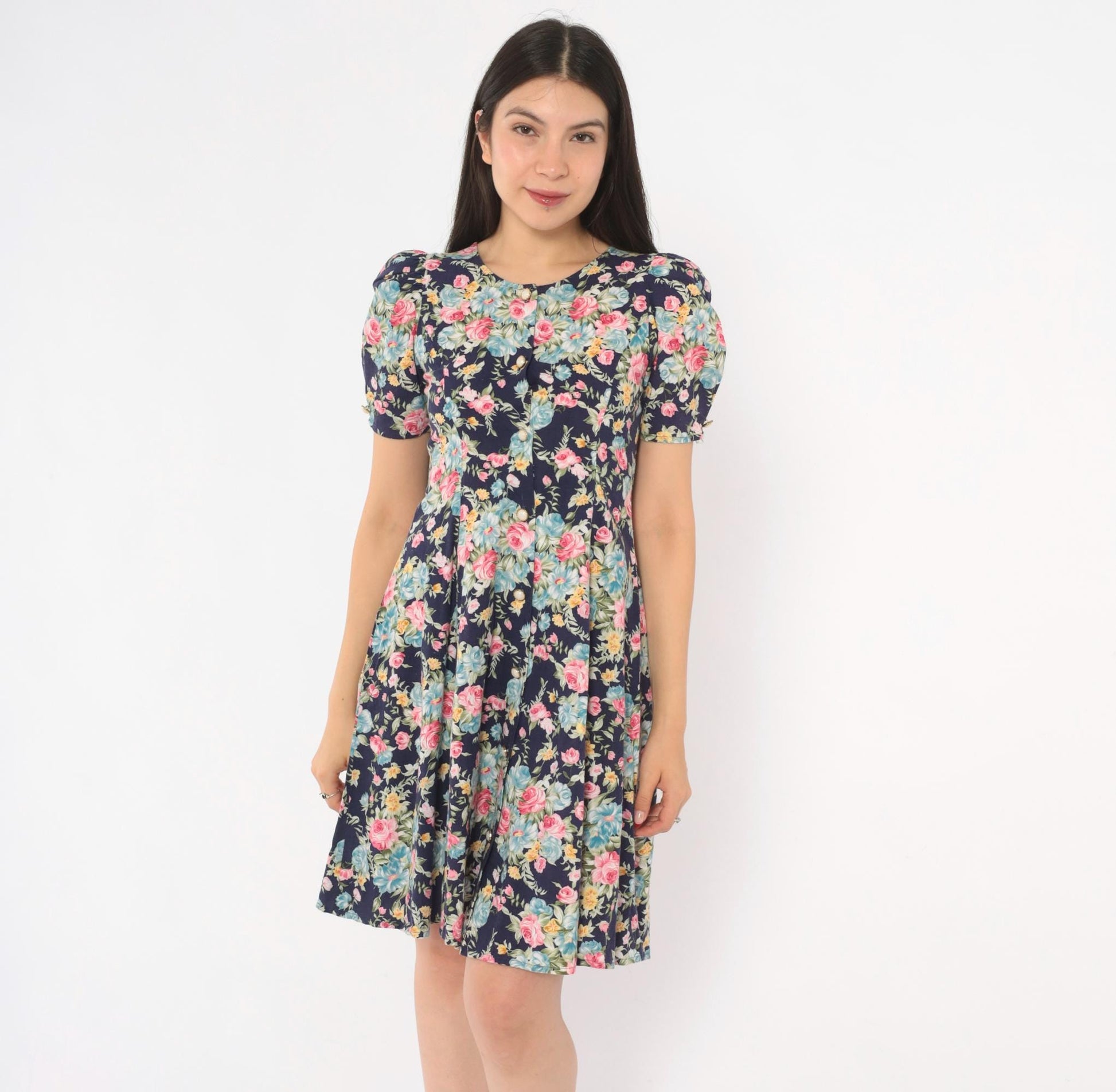 90s Sweet Soda Floral Mini Dress Navy Puff Sleeve Lace-Up Cotton XXS