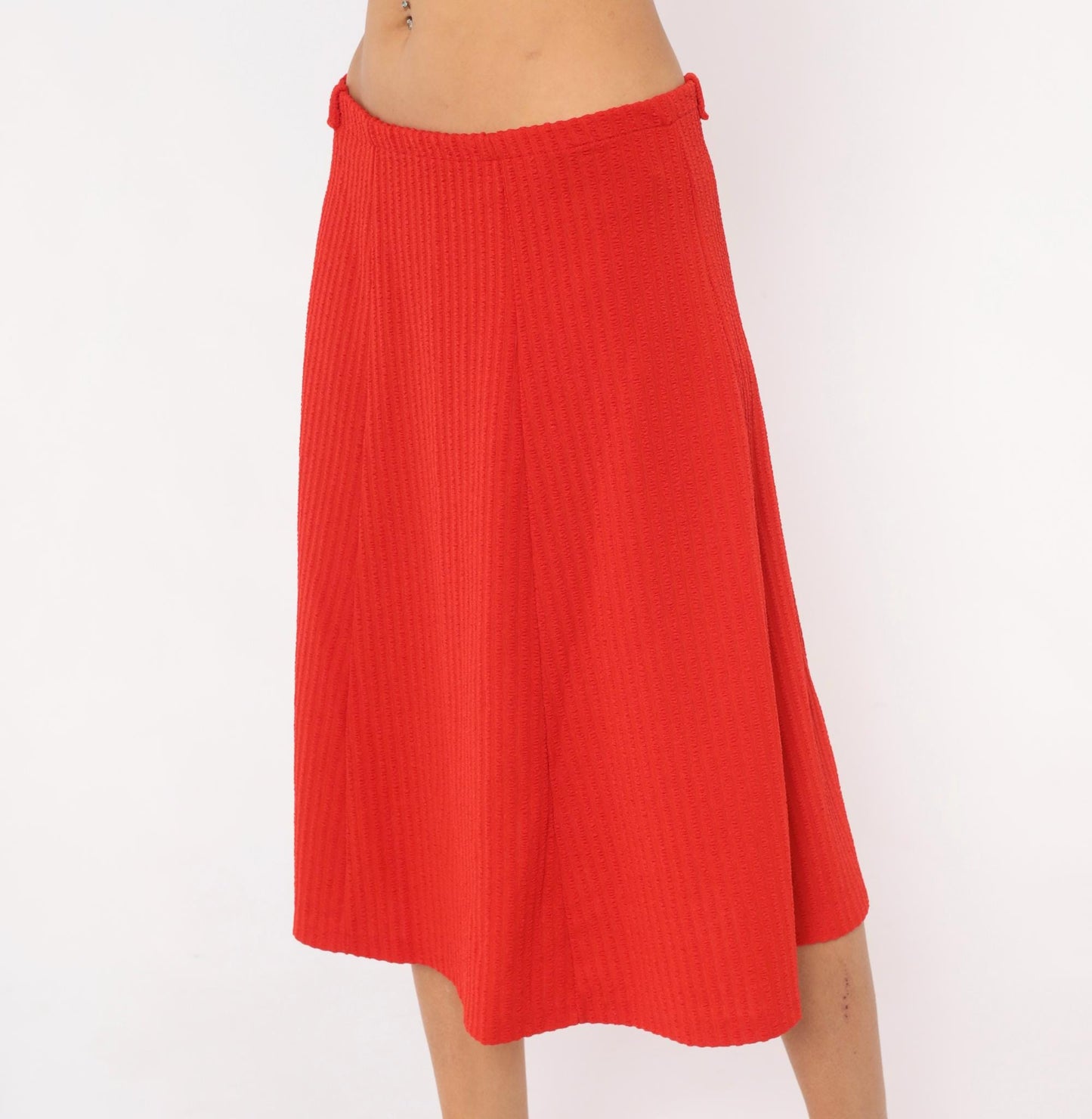 70s Ecco Bay Red A-Line Skirt Ribbed Pleated Knee-Length Large L