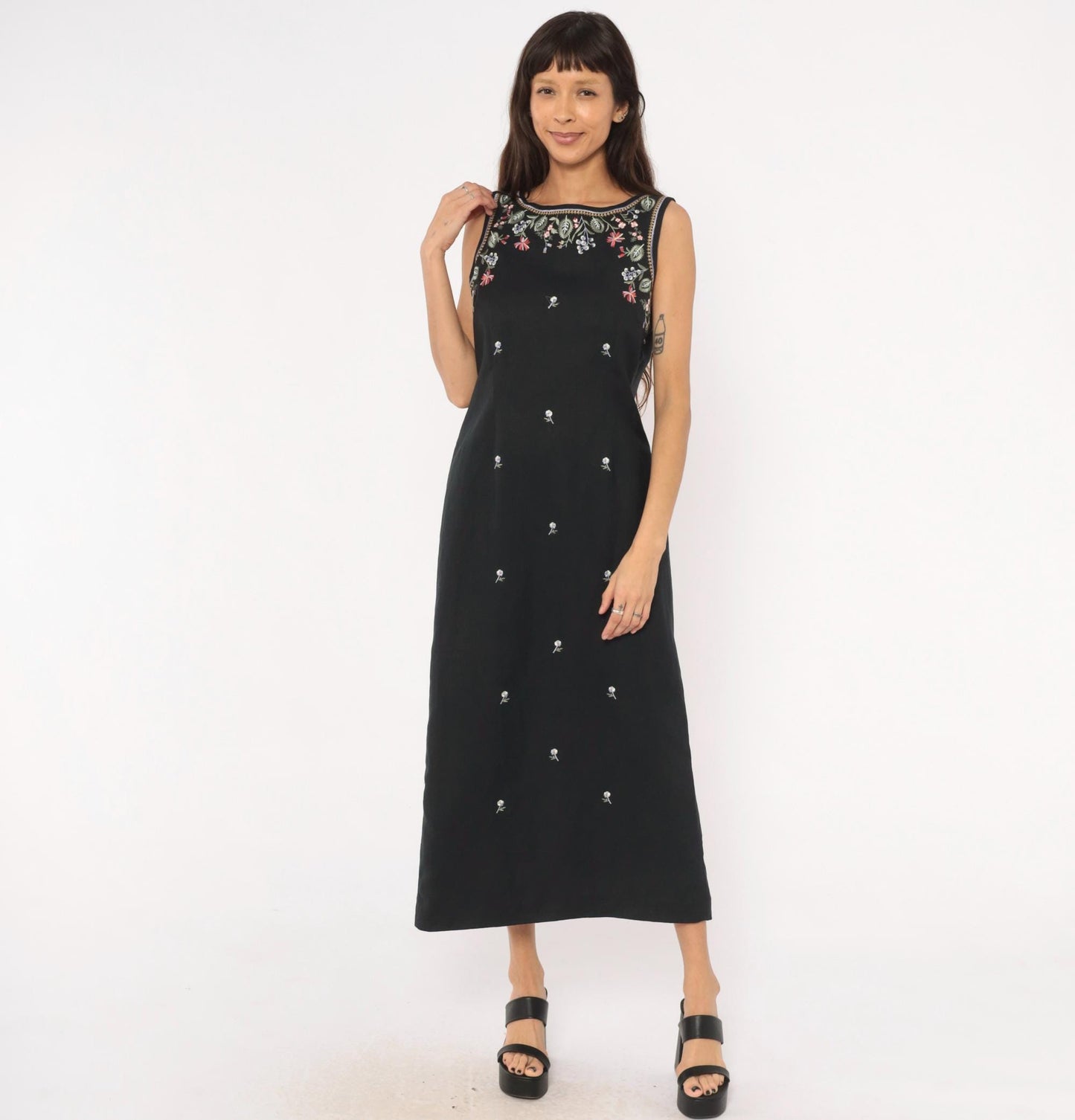 90s Jennifer Eden Black Embroidered Floral Maxi Dress V-Back Slit Medium M