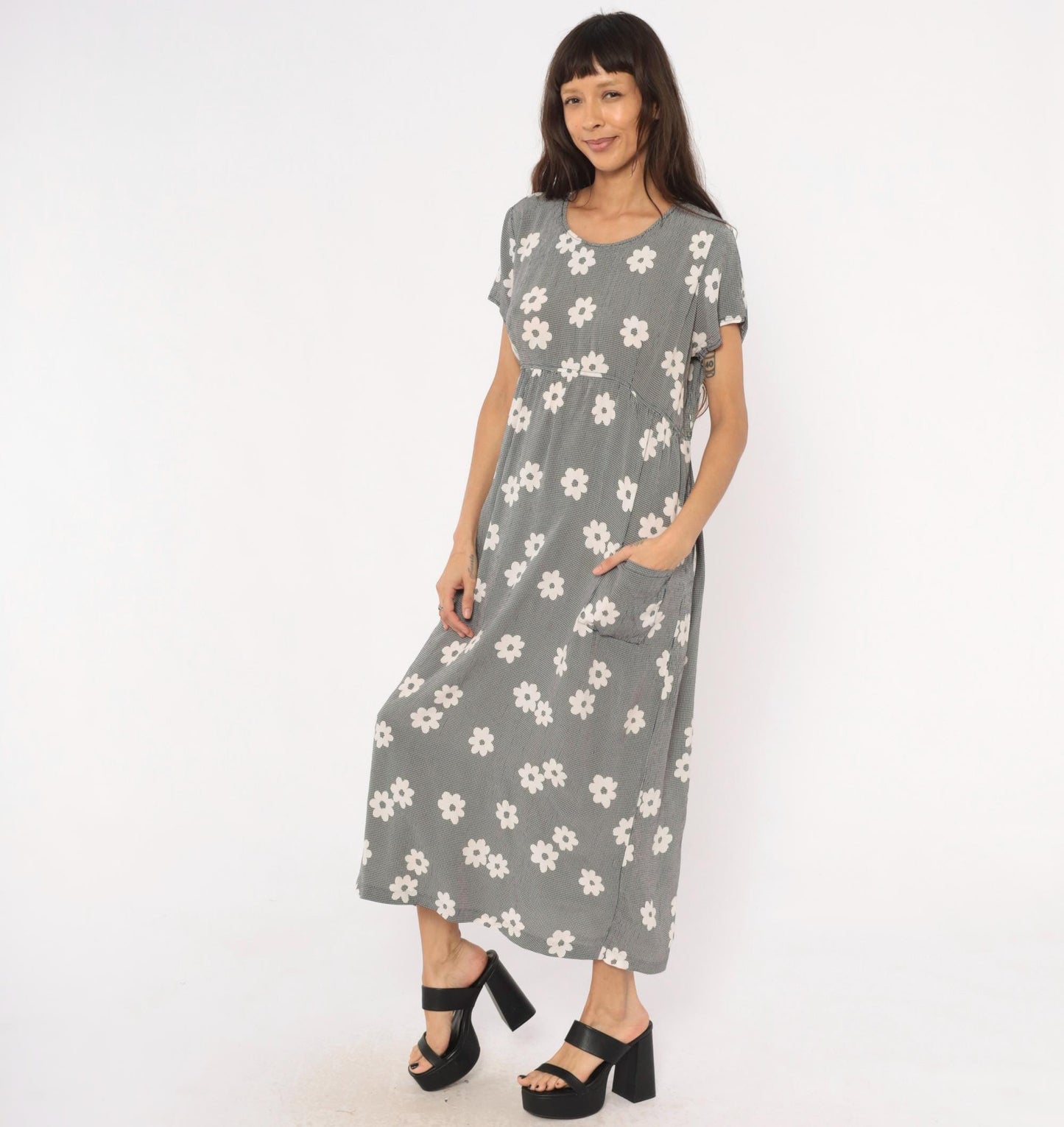 90s Navy Gingham Daisy Print Maxi Dress Drawstring Waist Medium M