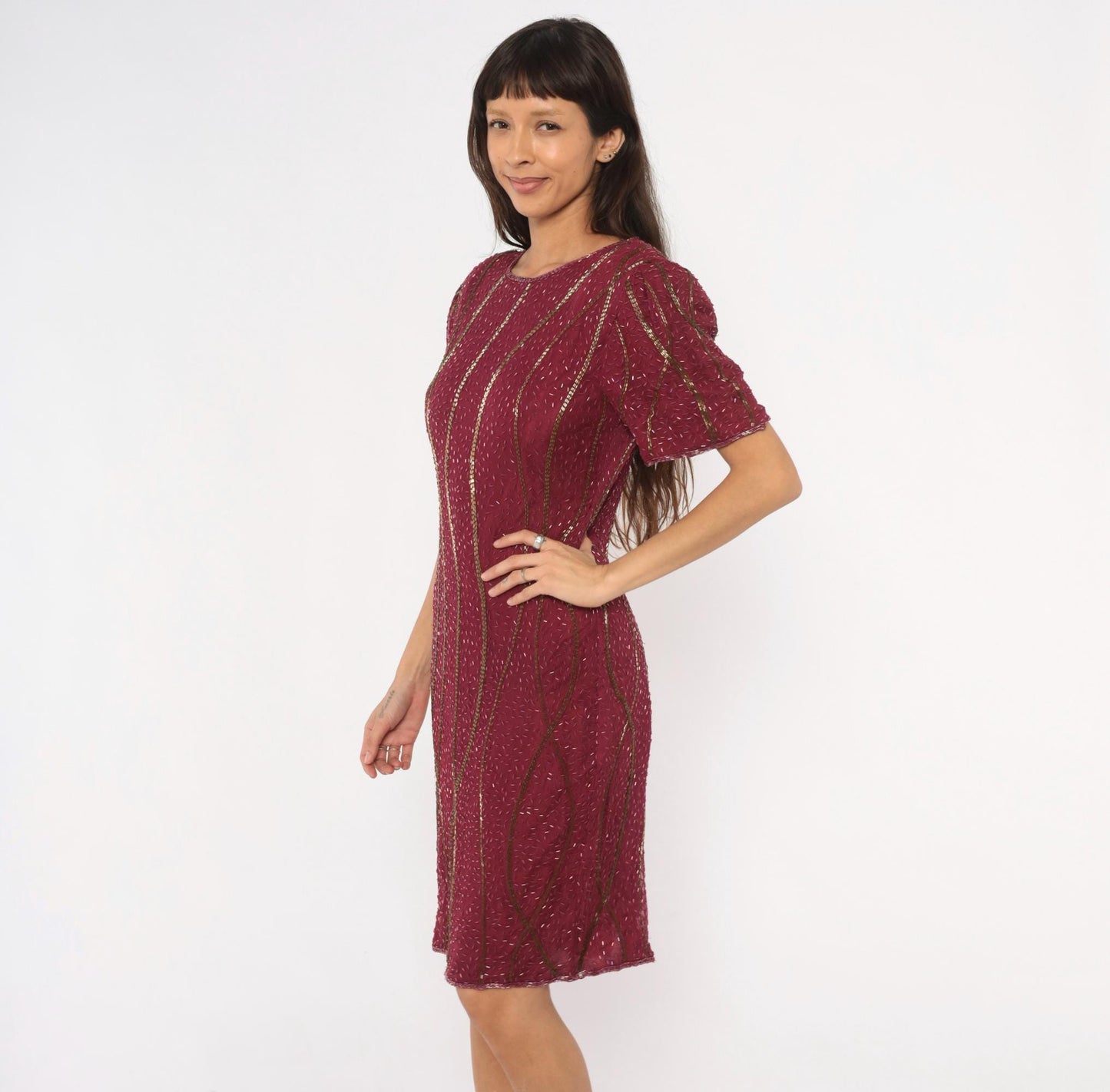 80s Sweelo Burgundy Beaded Dress Gold Bugle Bead Stripes Knee-Length Medium