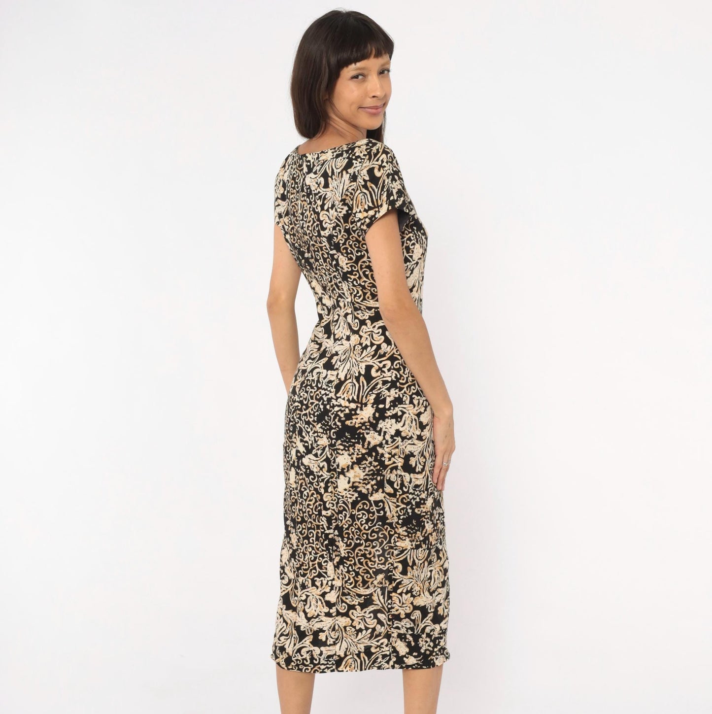 90s Jessica Howard Baroque Scroll Midi Dress Black Cream Floral Small